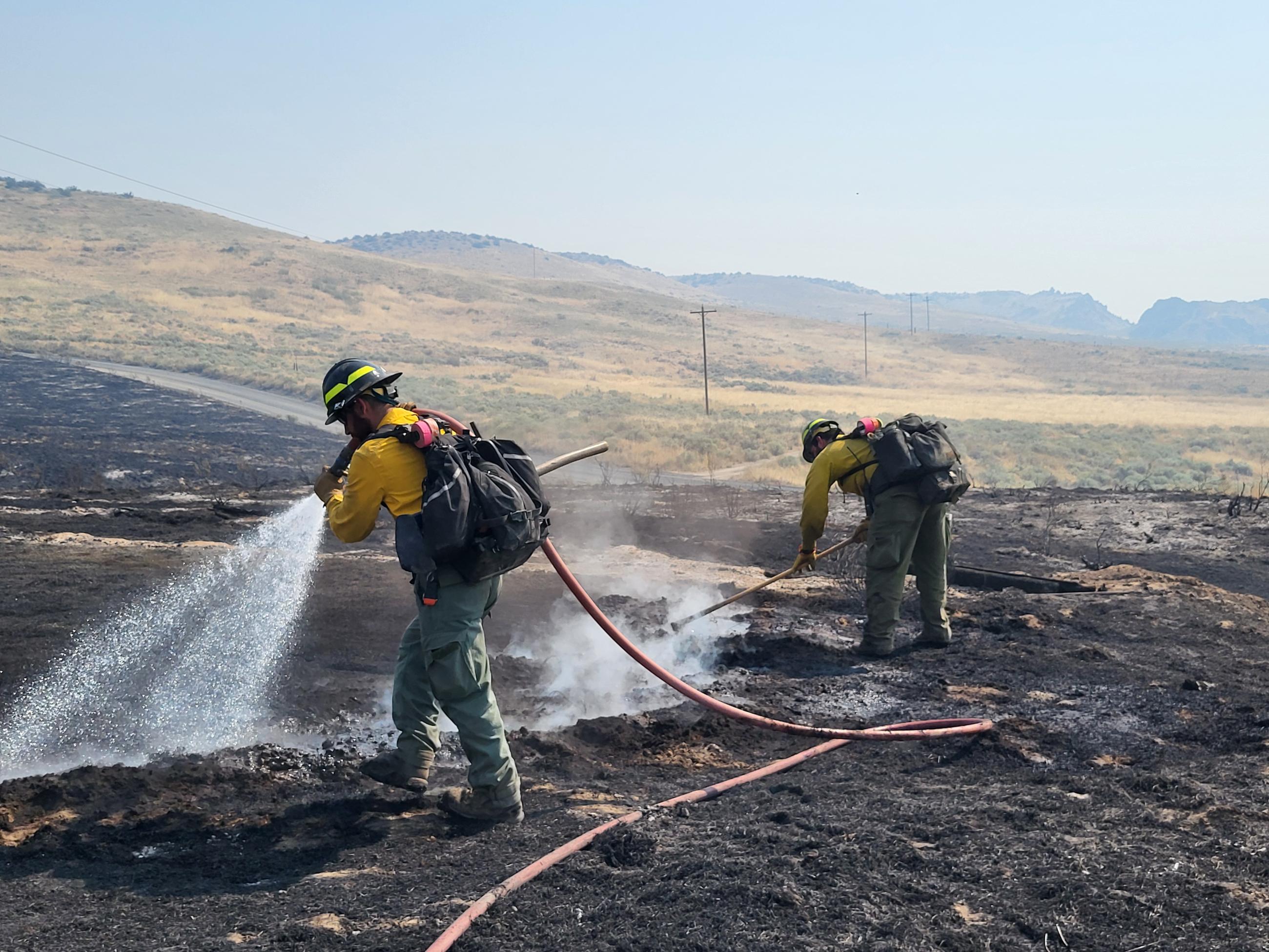 one firefighter sprays water from a hose while another firefighter stirs the ground with a tool in a recently burned field