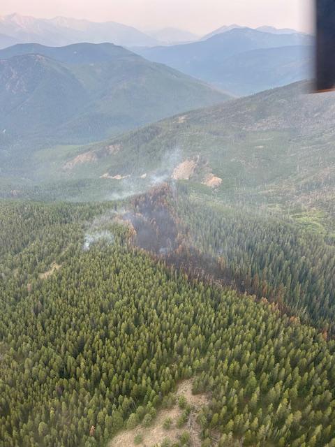 Aerial view of smoke coming from scar of blackened trees with valley in distance