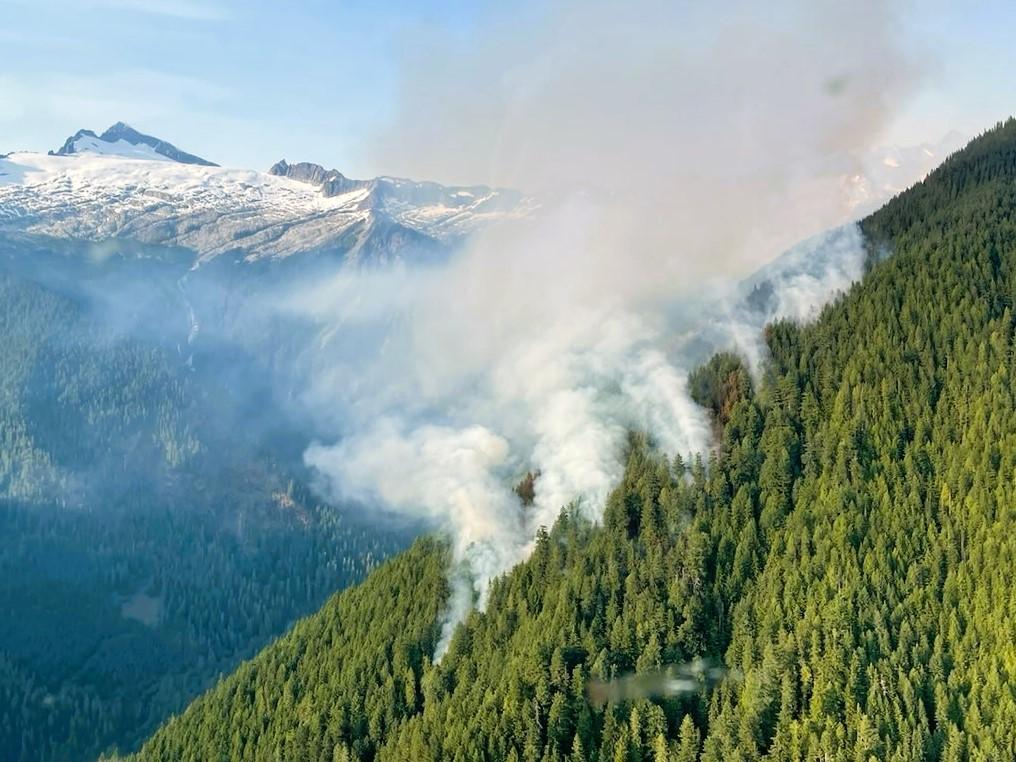 Smoke rises from the Pincer Two Fire on July 20, 2024 on the Mt. Baker-Snoqualmie National Forest