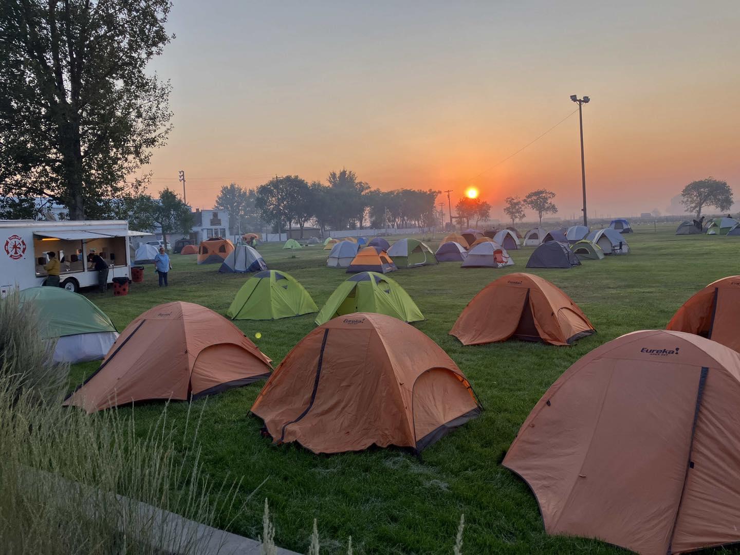 Firefighter tents outside the Incident Command Post at the Harney County Fairgrounds