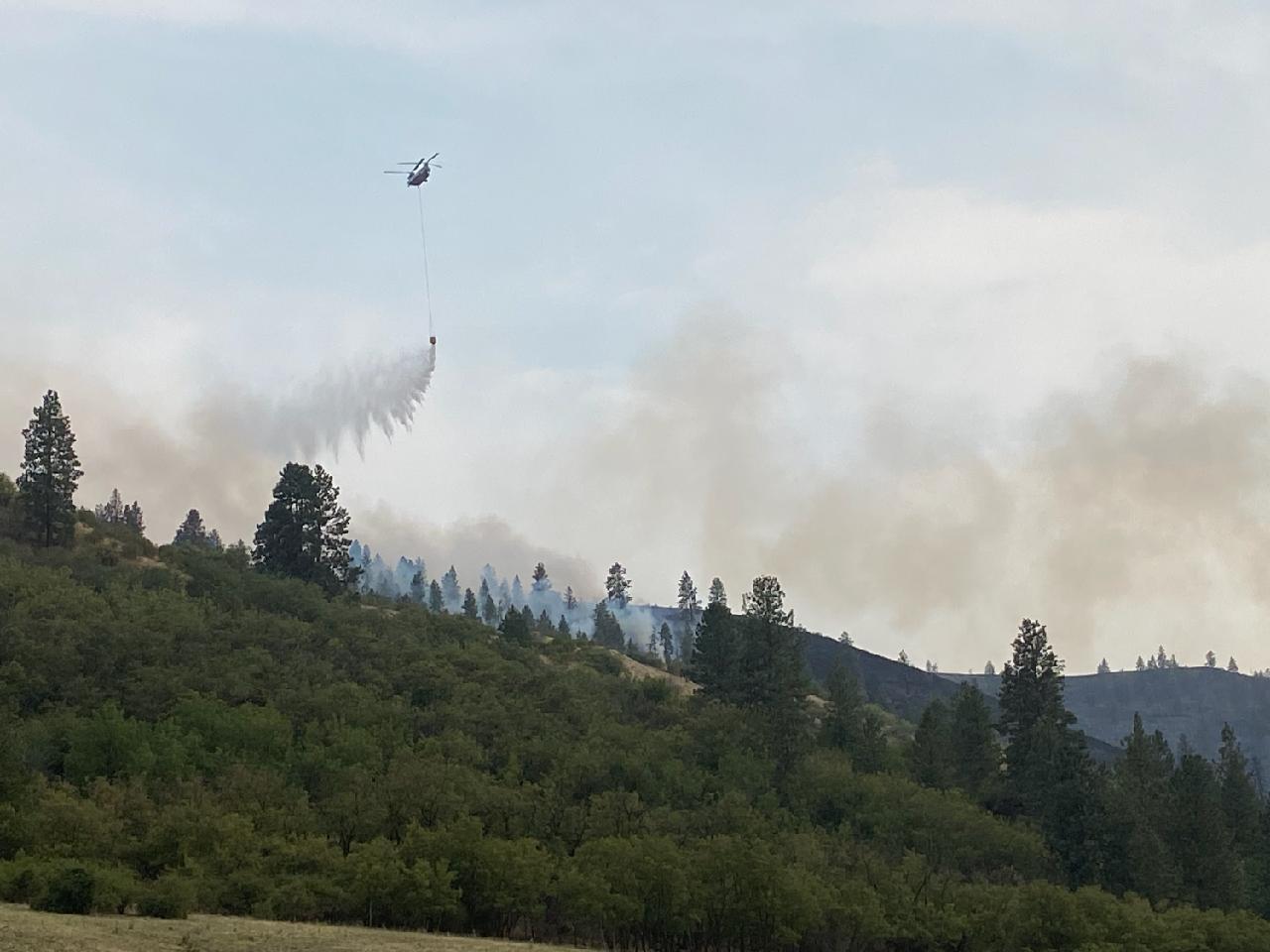 Helicopter dropping water on fire in distance. Green landscape between the photographer and the smoke. 