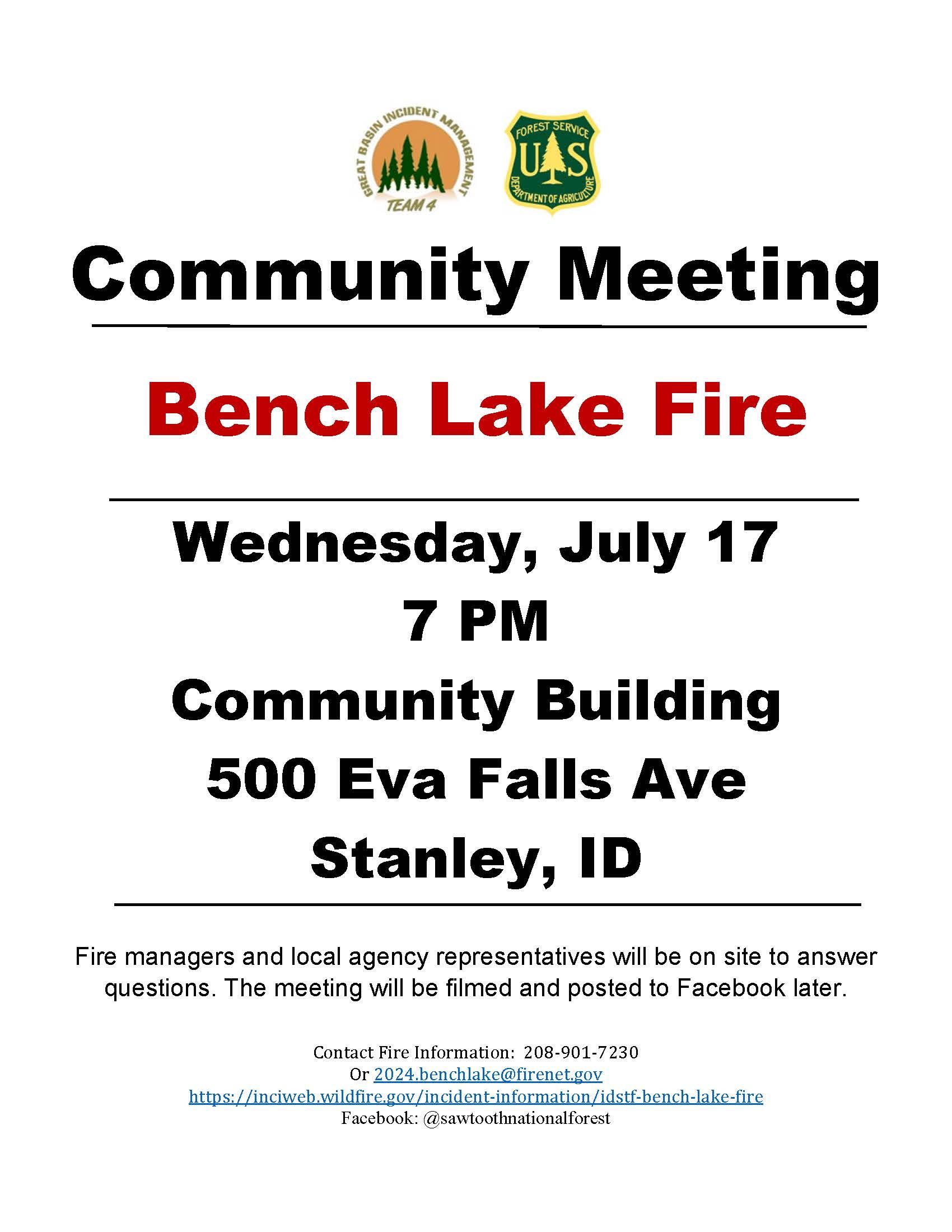 Flyer for Wednesday, July 17 Bench Lake Fire Community Meeting