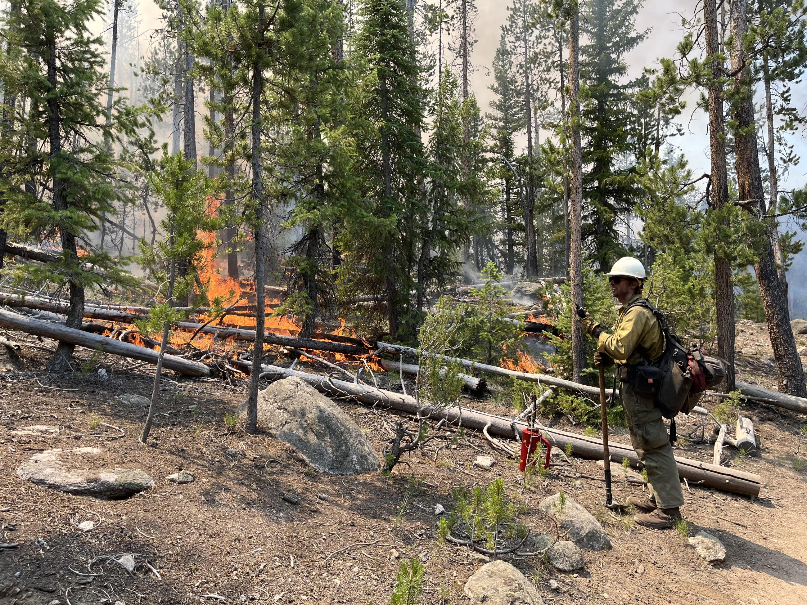 A firefighter stands by the 101 Trail on the Bench Lake Fire.