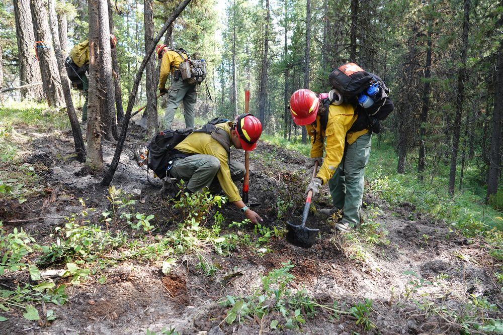 Firefighters with hand tools digging at a hot area on the ground