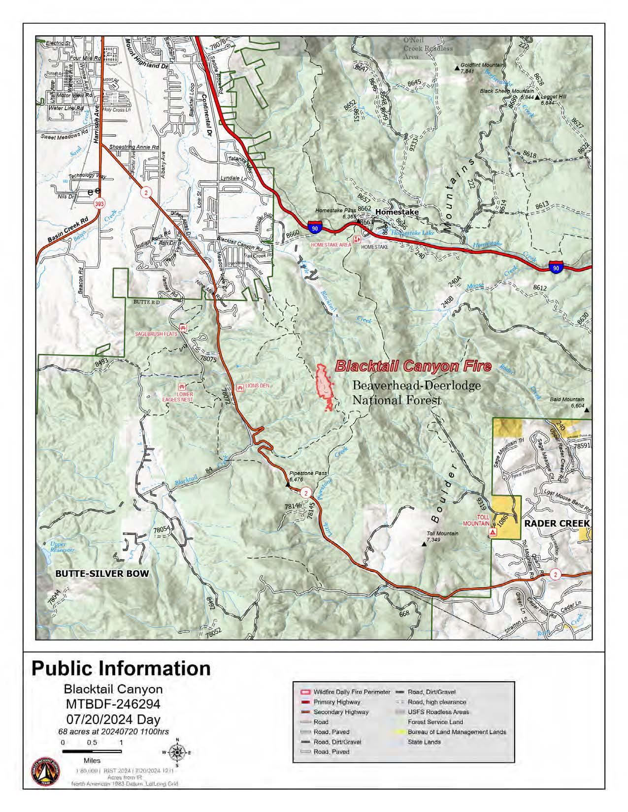 Map of Blacktail Fire location in relation to Butte, MT on the Beaverhead-Deerlodge NF