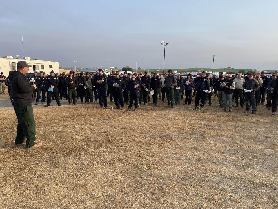 Incident Commander Boehm addresses the troops at the Morning Briefing, July 7.