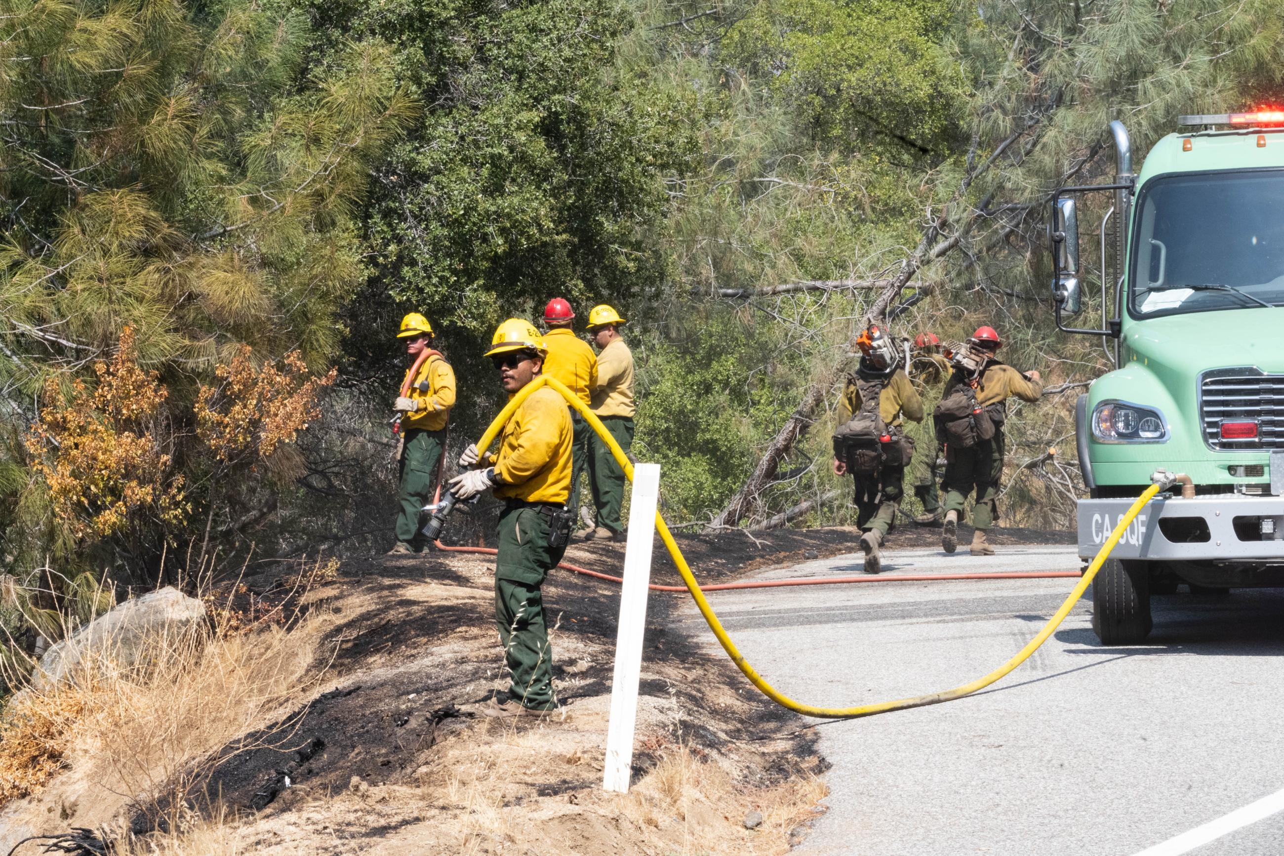 Firefighters stand on burned ground next to a road. Some are walking down the road carrying tools while others hold hoses that are connected to a fire engine.