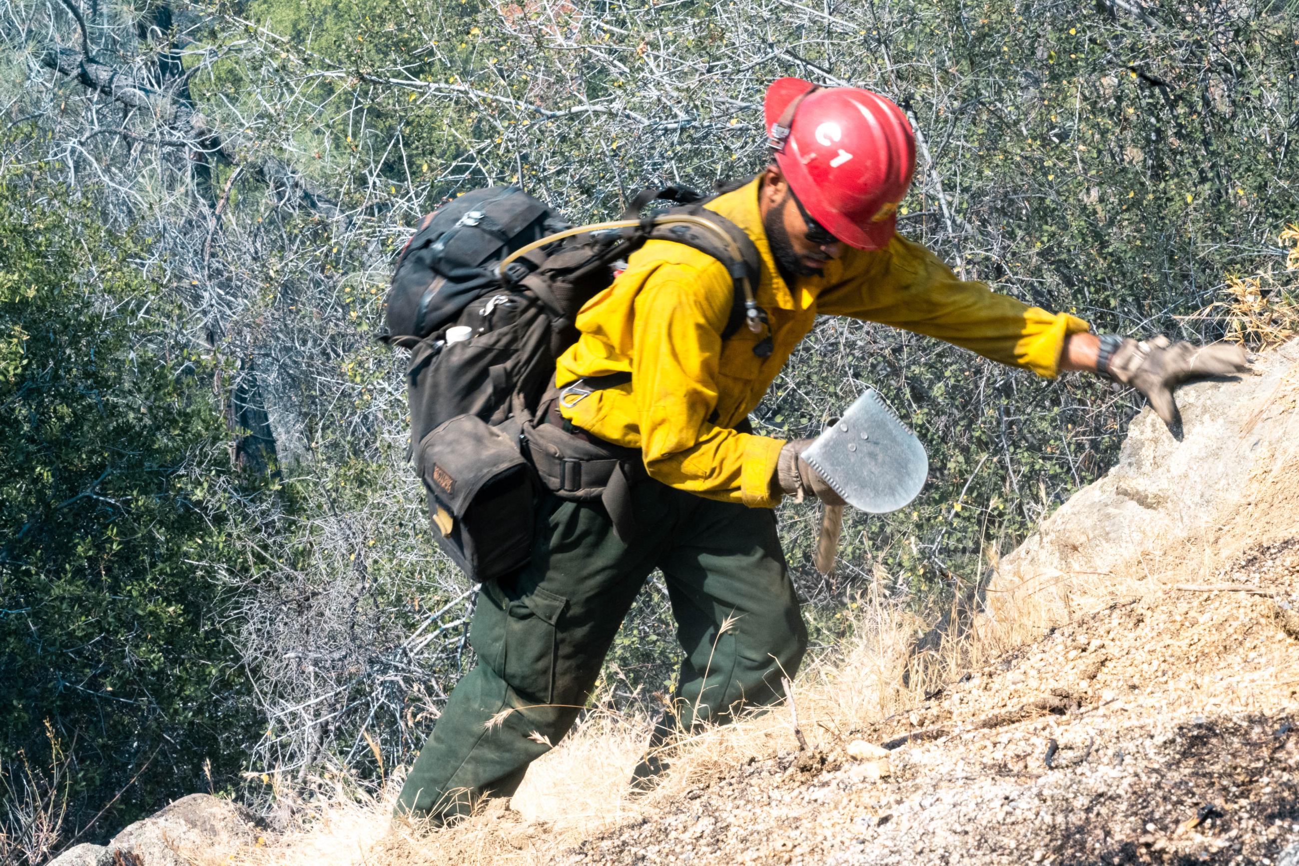 A firefighter climbs a steep hillside carrying a large backpack and holding a digging tool.