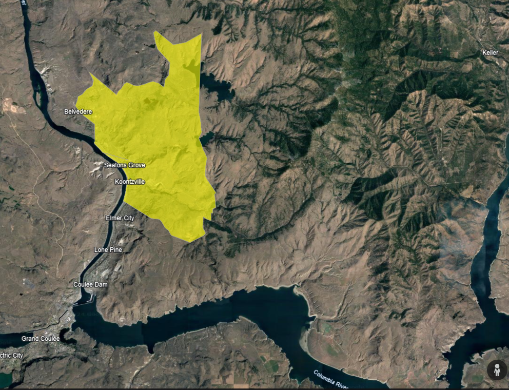 Level 2 (SET) Evacuation area for the Buffalo Lake and McGinnis Lake area for the Swawilla Fire shown with a yellow box overlaying a satellite map image
