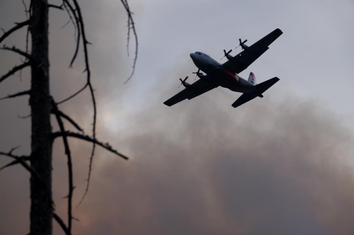 Large prop plane overflying smoke and burned trees