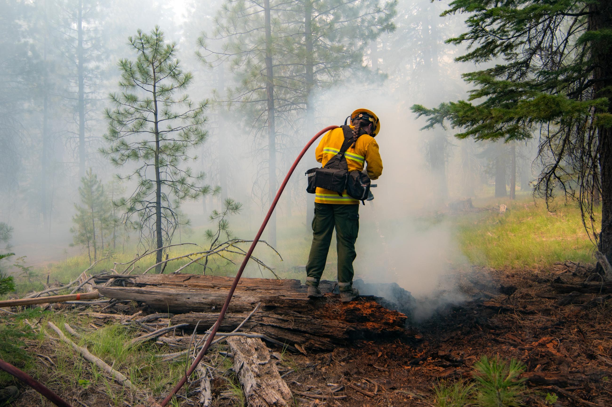 Firefighter carrying hose walking into smoky area