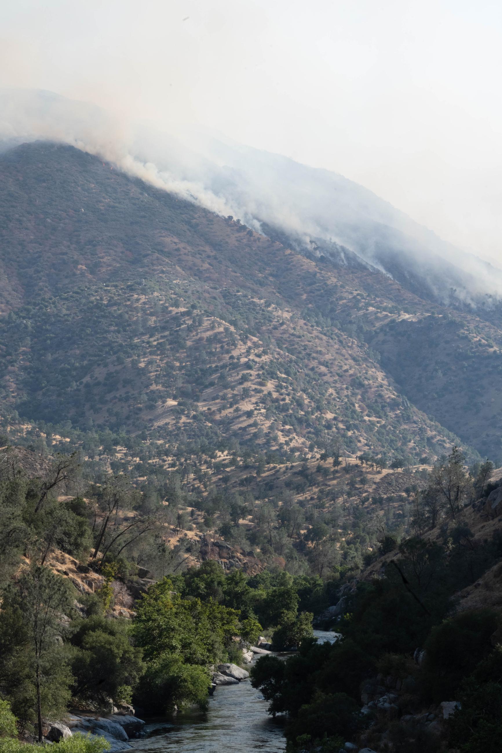 a smoky steep hillside covered in thick brush vegetation and a river flowing through the canyon