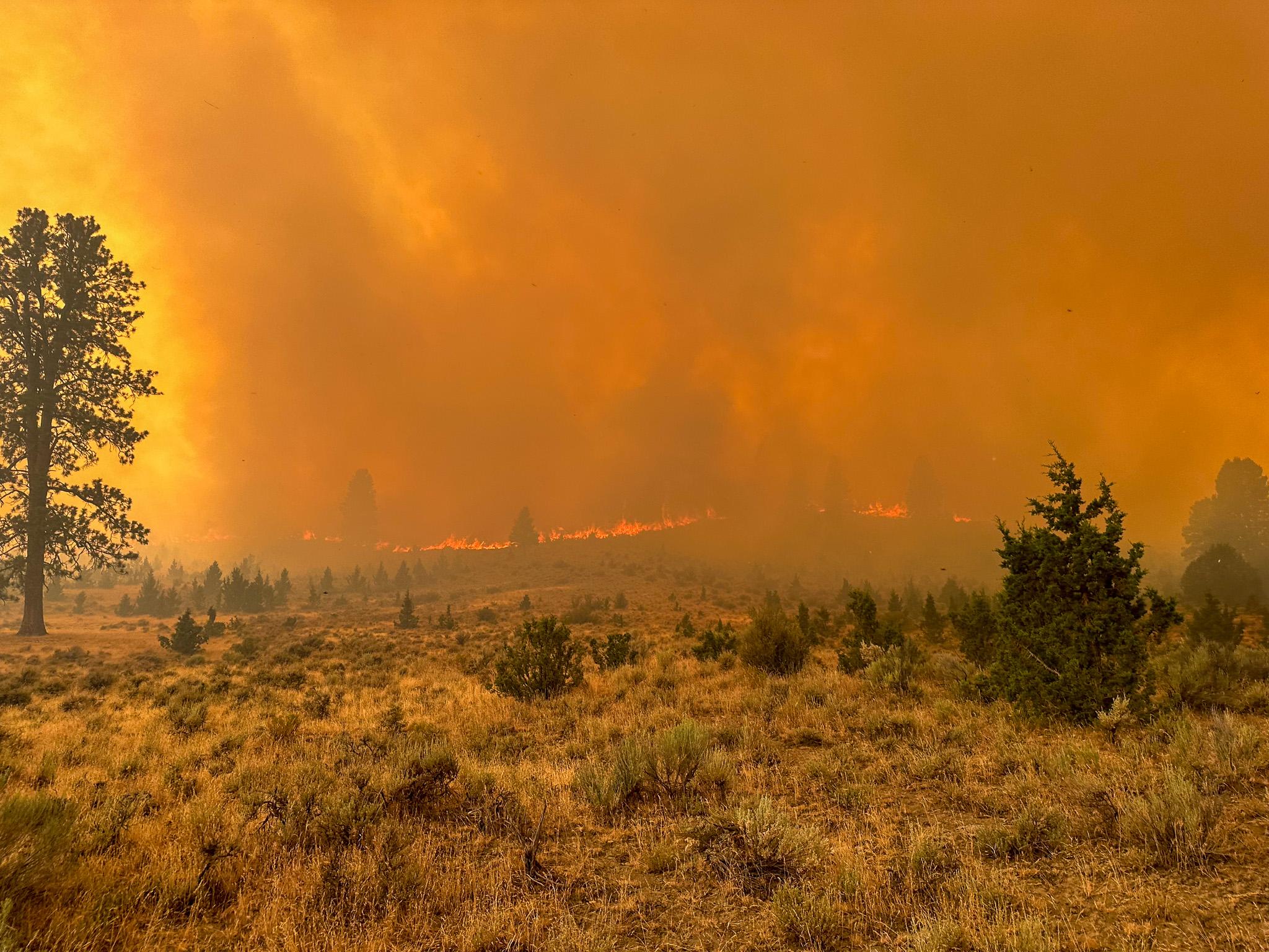 smoke and flames atop a hill with sagebrush