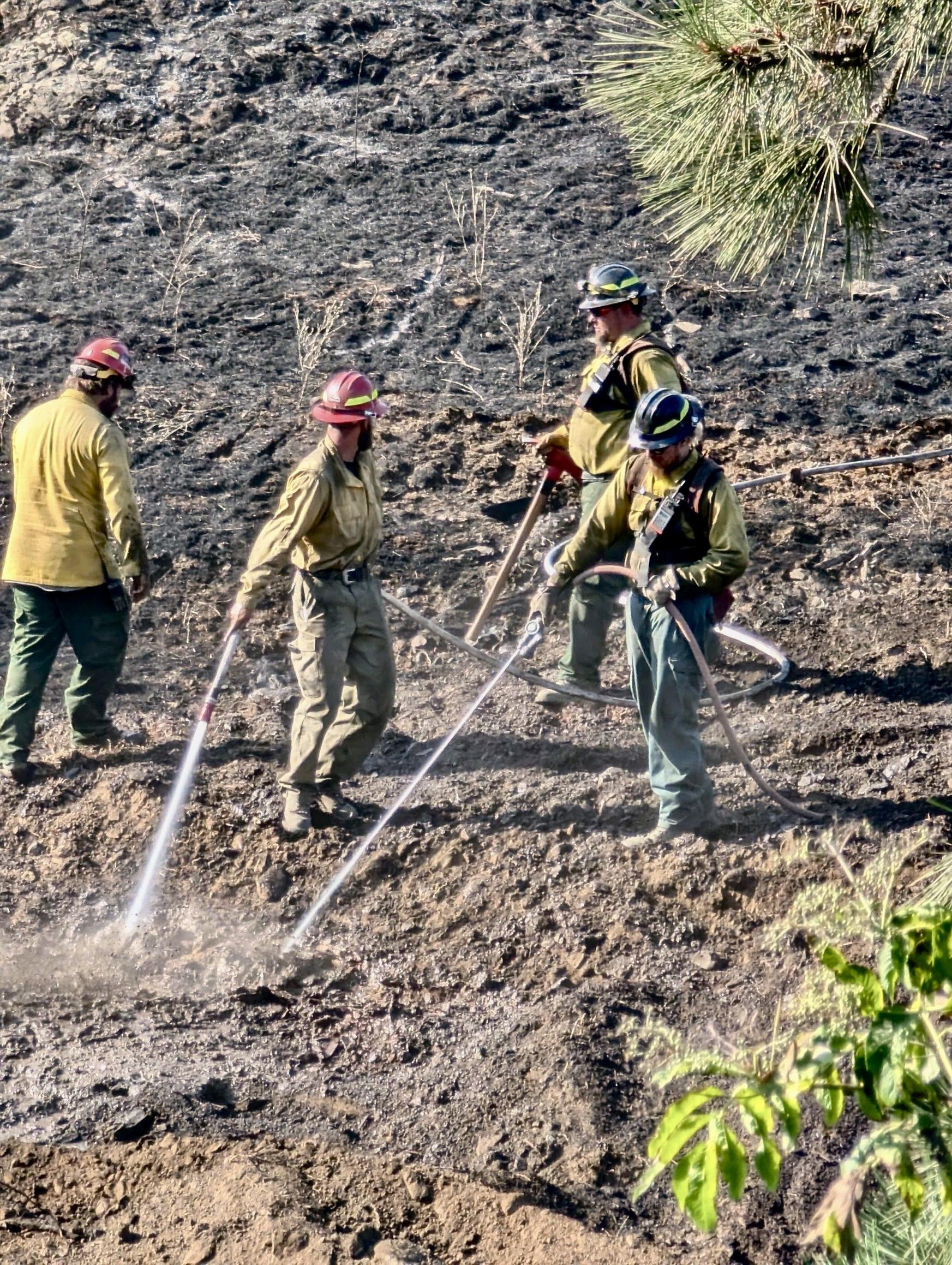 Firefighters spraying water on burned ground with hoses.