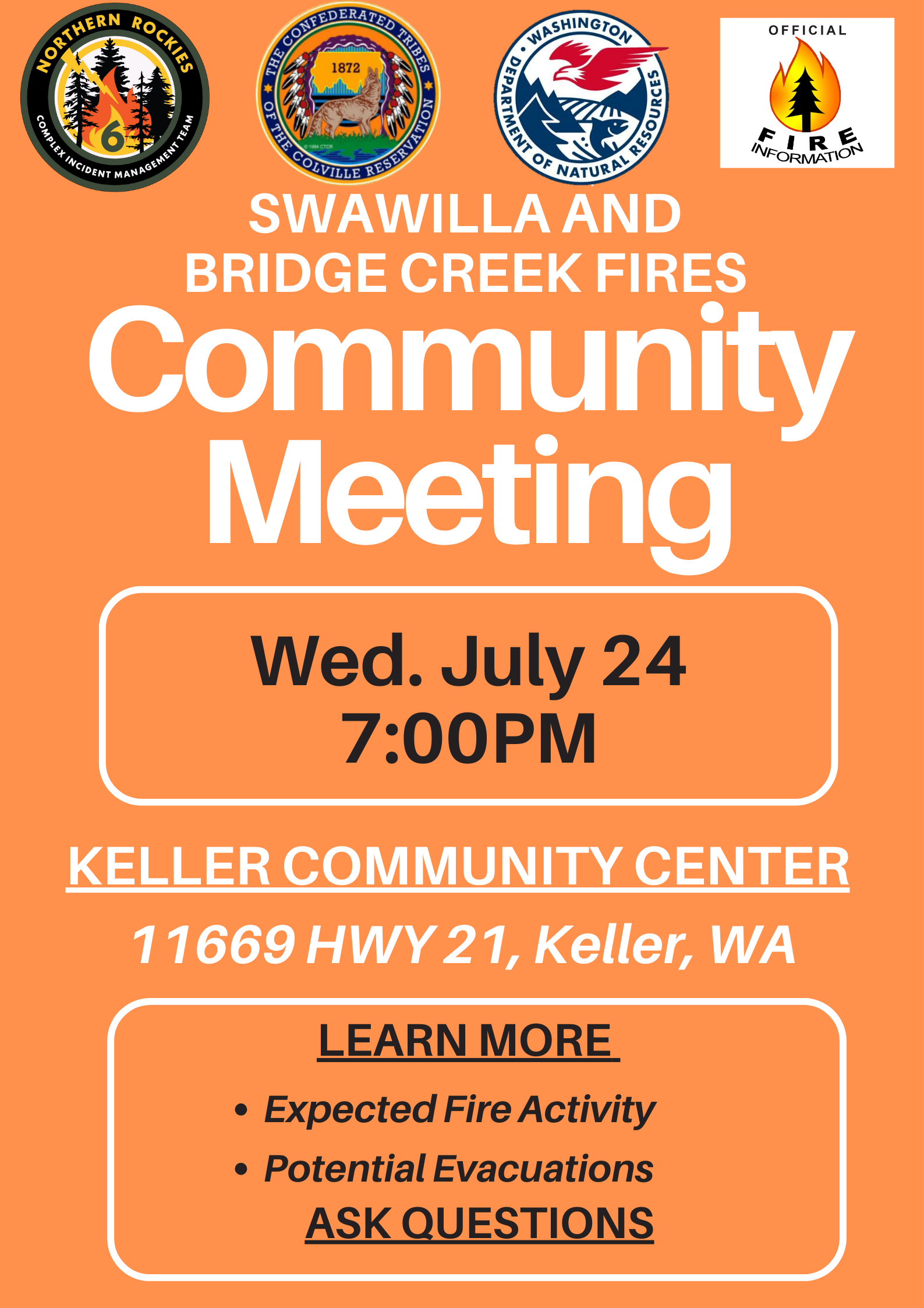 Community Meeting poster for Swawilla Fire Community meeting in Keller, WA on July 24, 2024