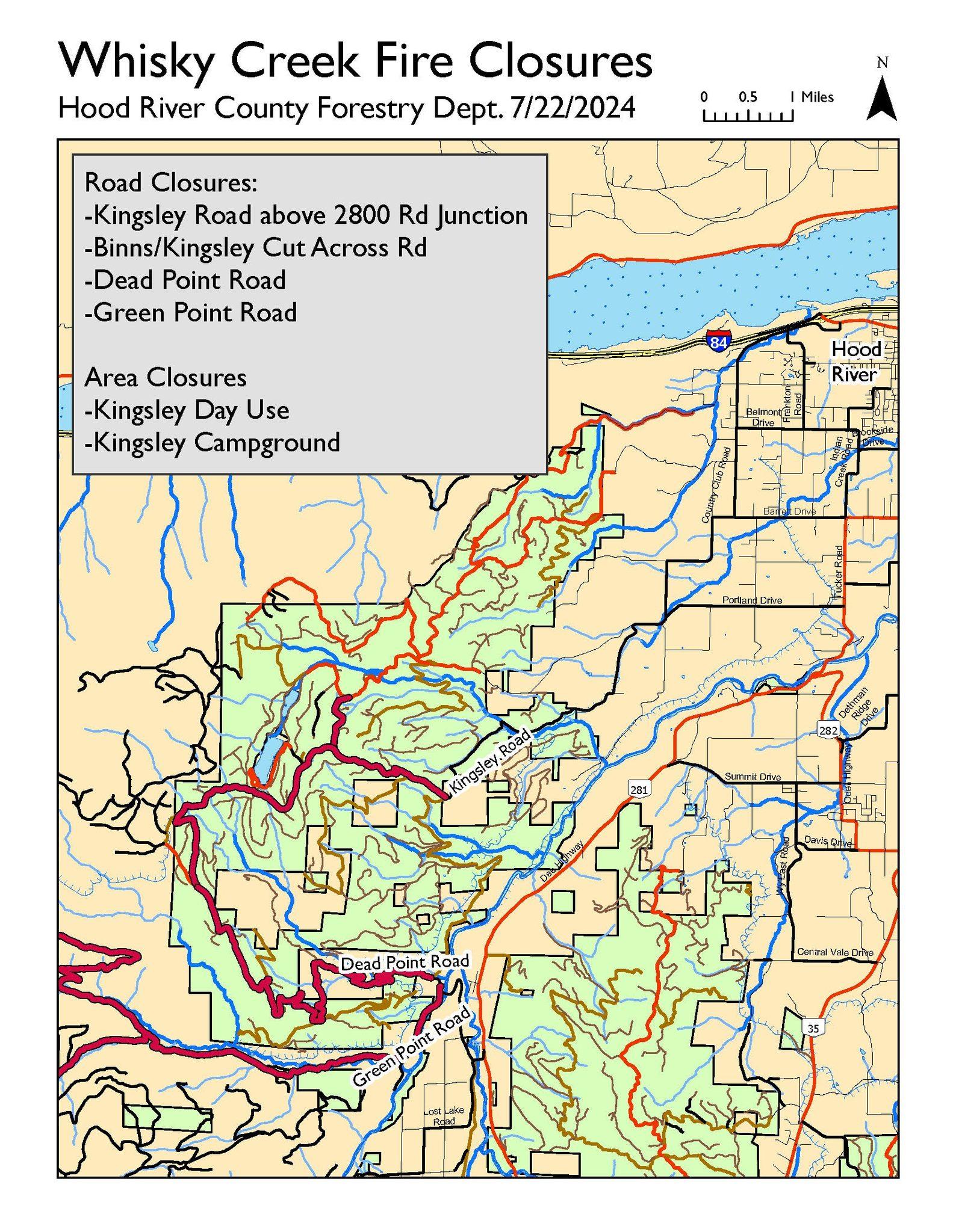 Map of Hood River County Forest Closures for Whisky Fire.