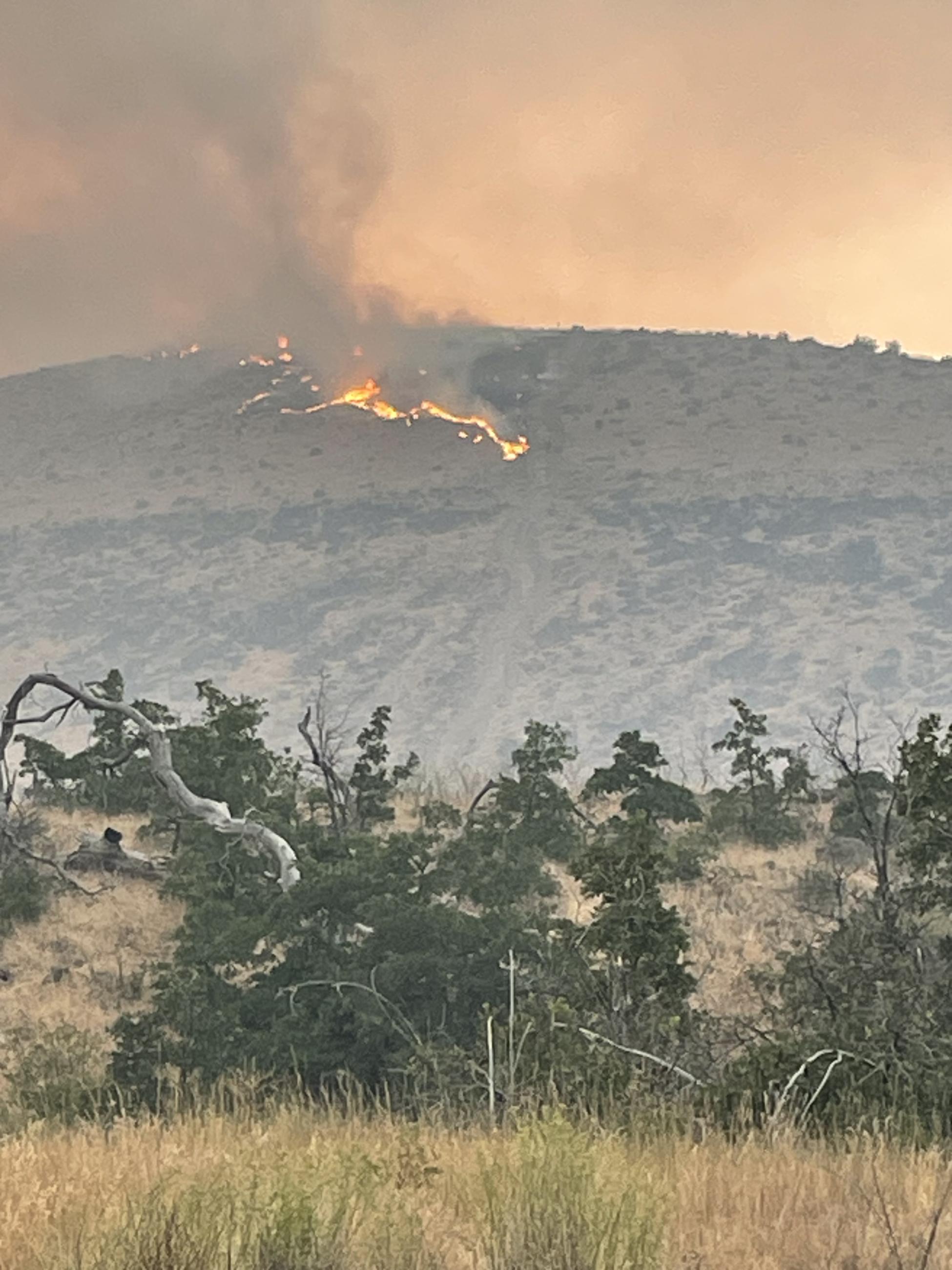 Fire burning down a hill along a controlled fire line