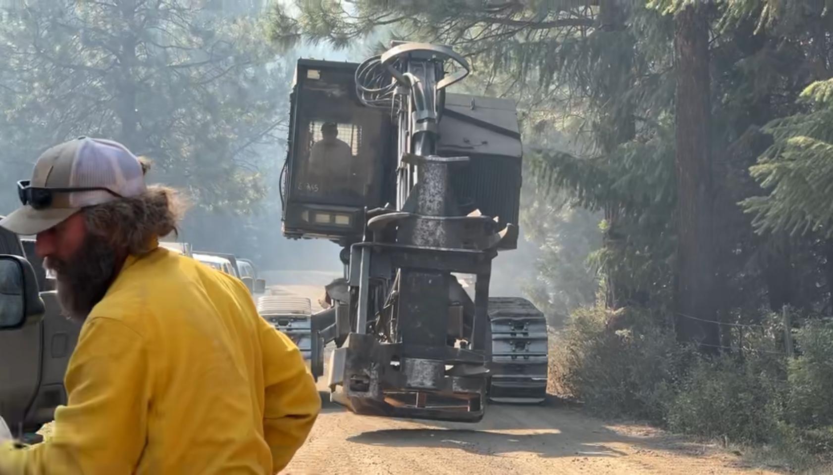 Feller Buncher is part of a heavy equipment group preparing roads for burning