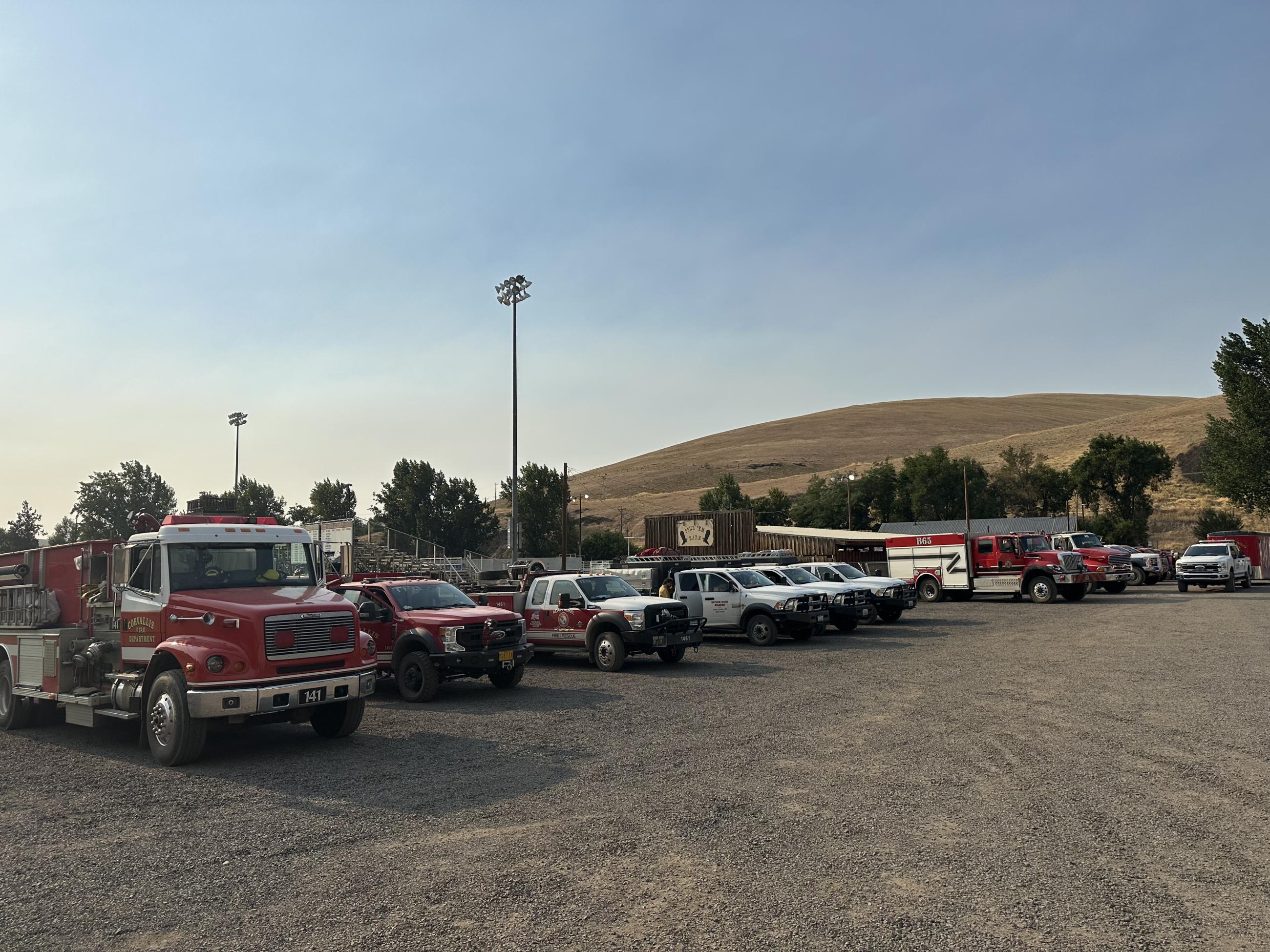 Fire Engines at the Rodeo Grounds at morning briefing on the Lone Rock Fire