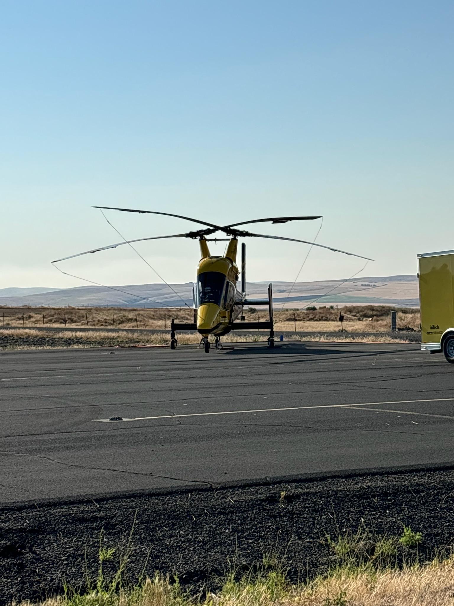 A K-Max Helicopter sits on the runway at Lone Rock Fire Helibase