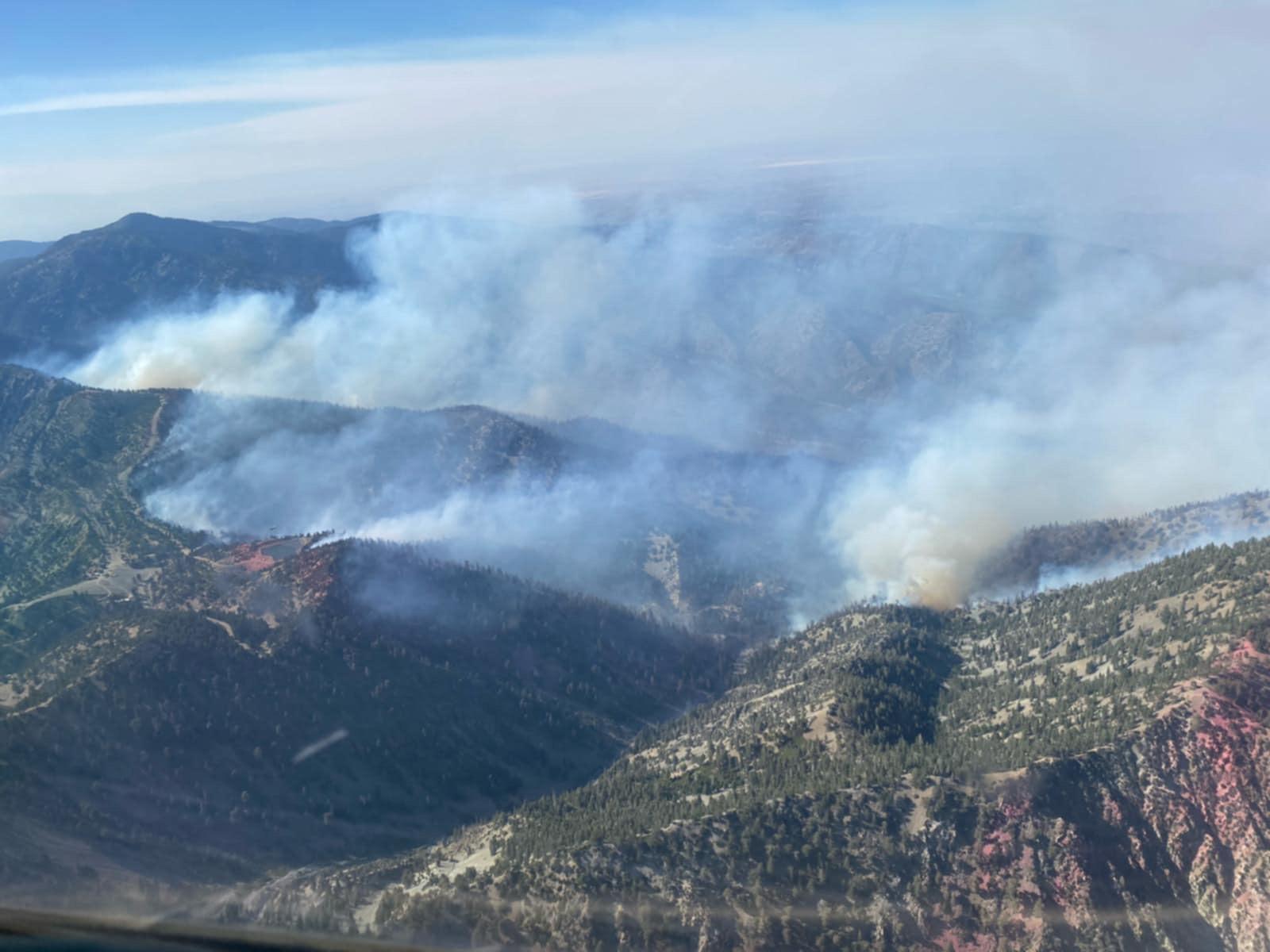 Smoke rising from burning trees in a mountainous forest with several peaks and valleys.