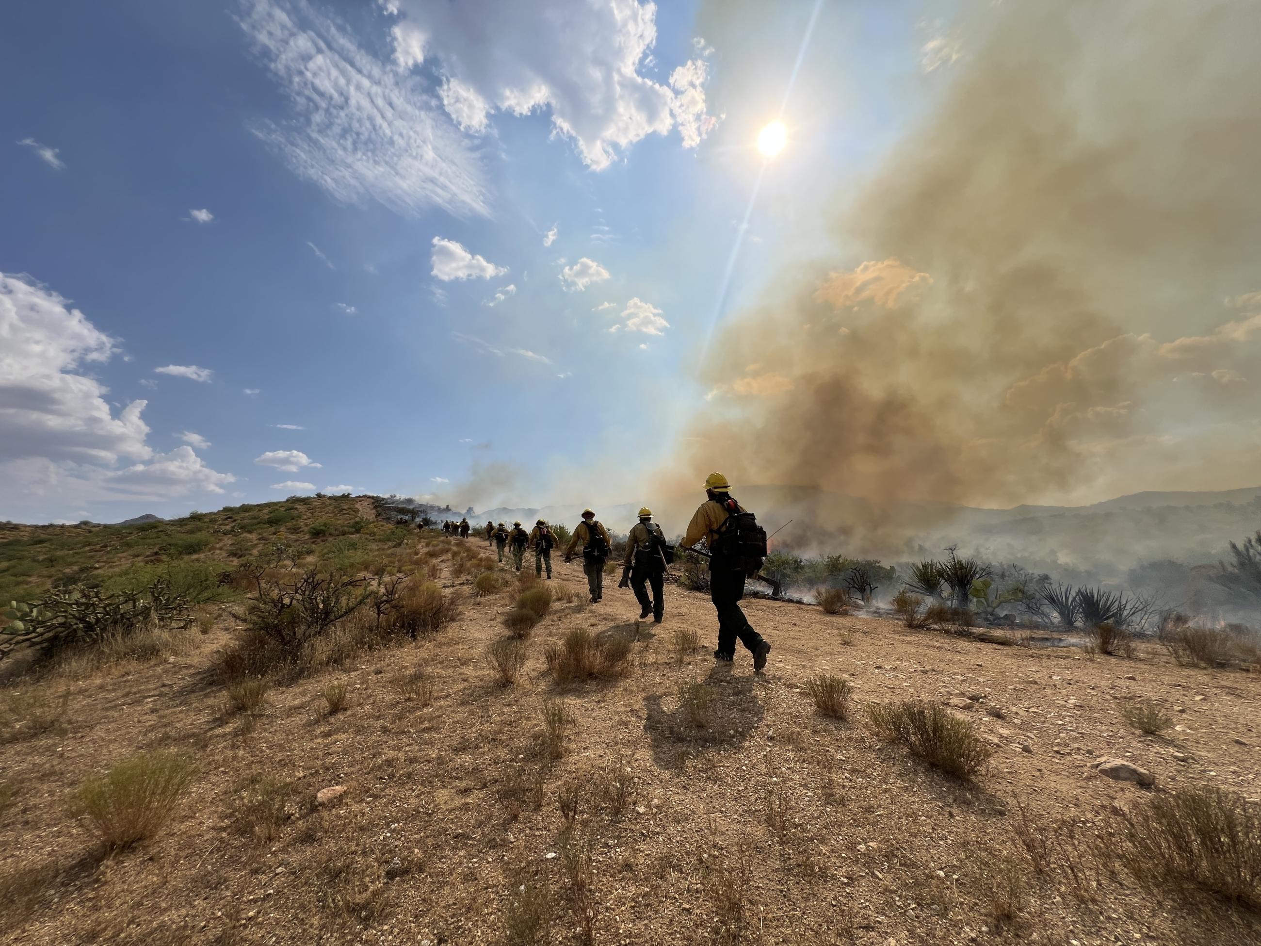 Firefighters walk up hill in a line as dark smoke and flame rise behind them