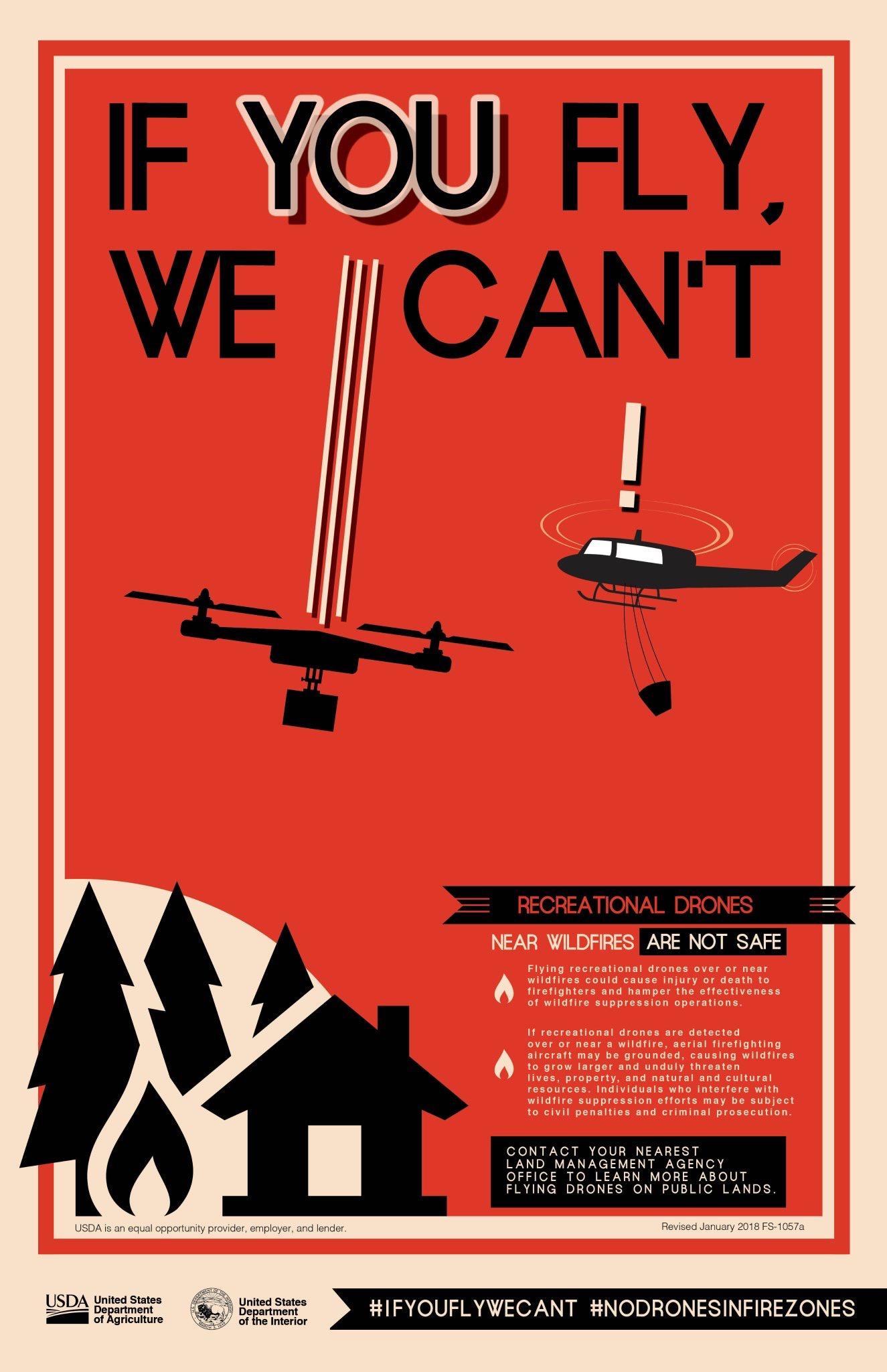 Recreational drone in the sky almost colliding with helicopter flying over a wildfire encroaching near a house. Message says 'If you fly we can't'. 