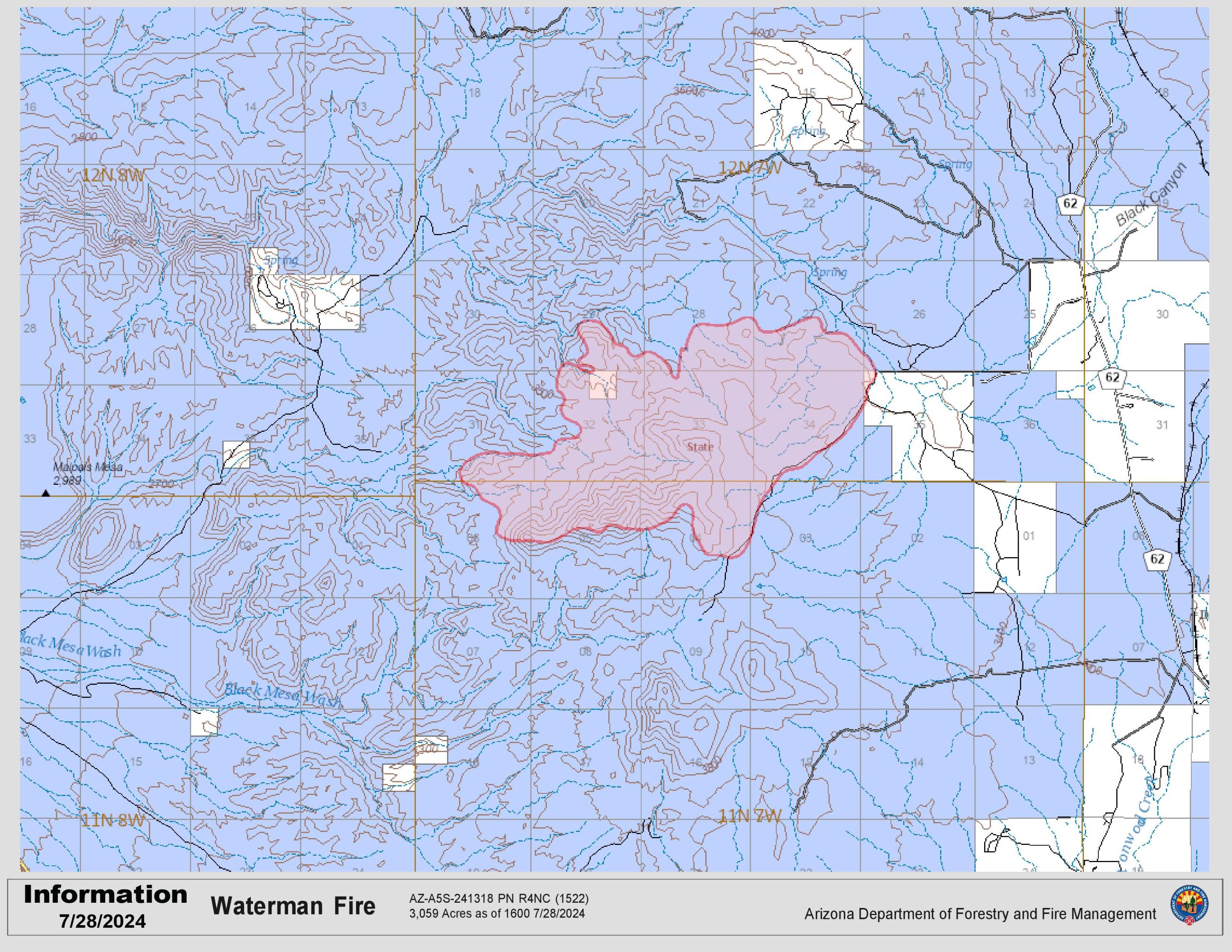 Map of fire perimeter marked in red in relationship to land ownership.