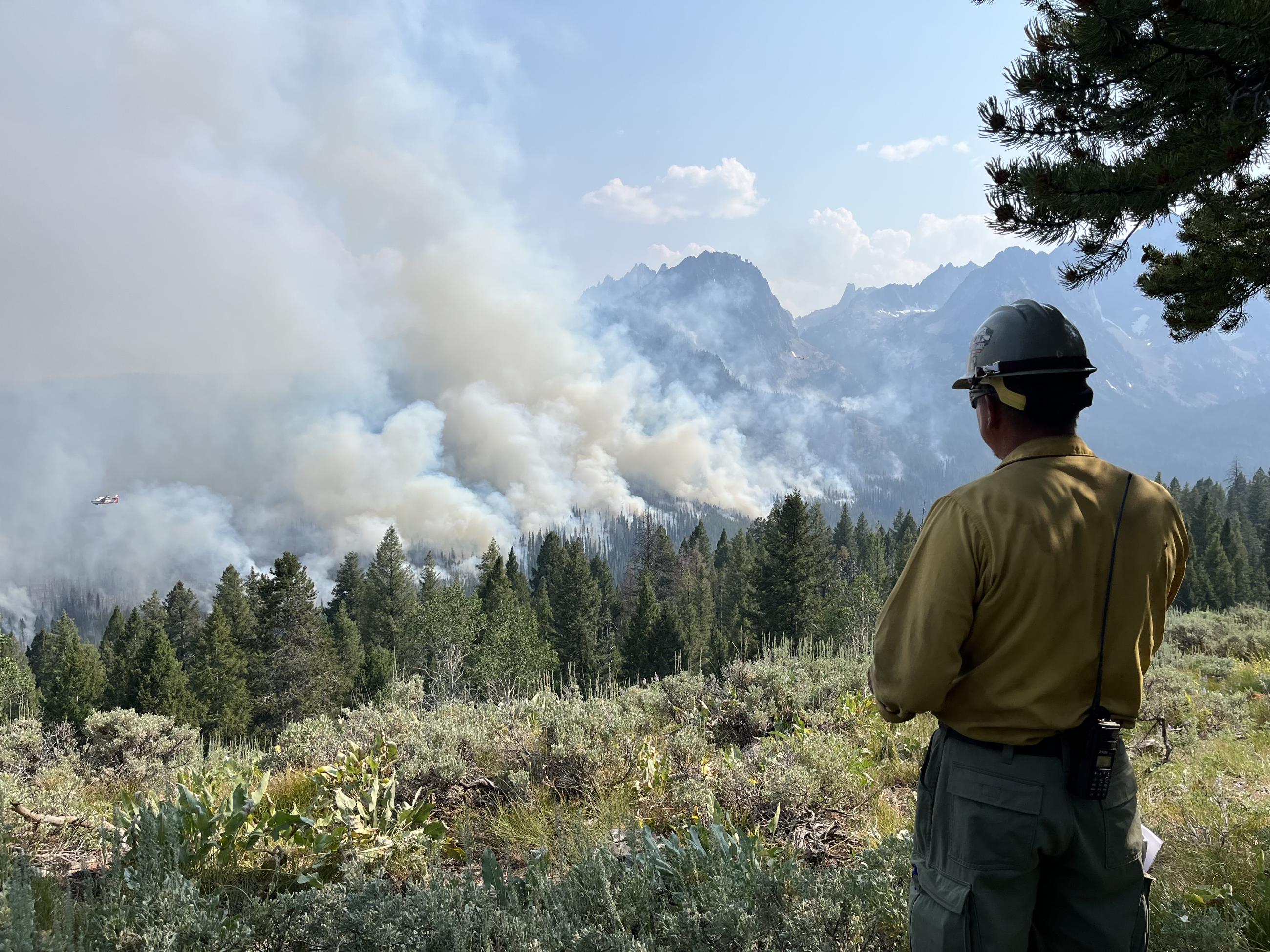 Firefighter watching an airplane drop water over a smokey hillside