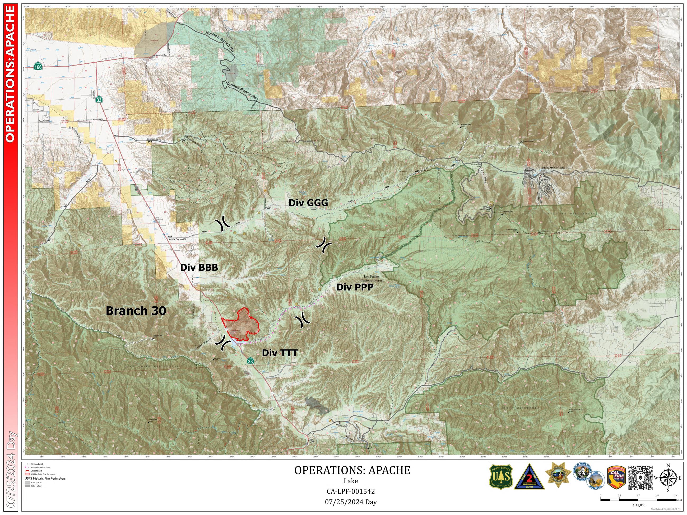 Map showing the location and operational details of the Apache Fire.