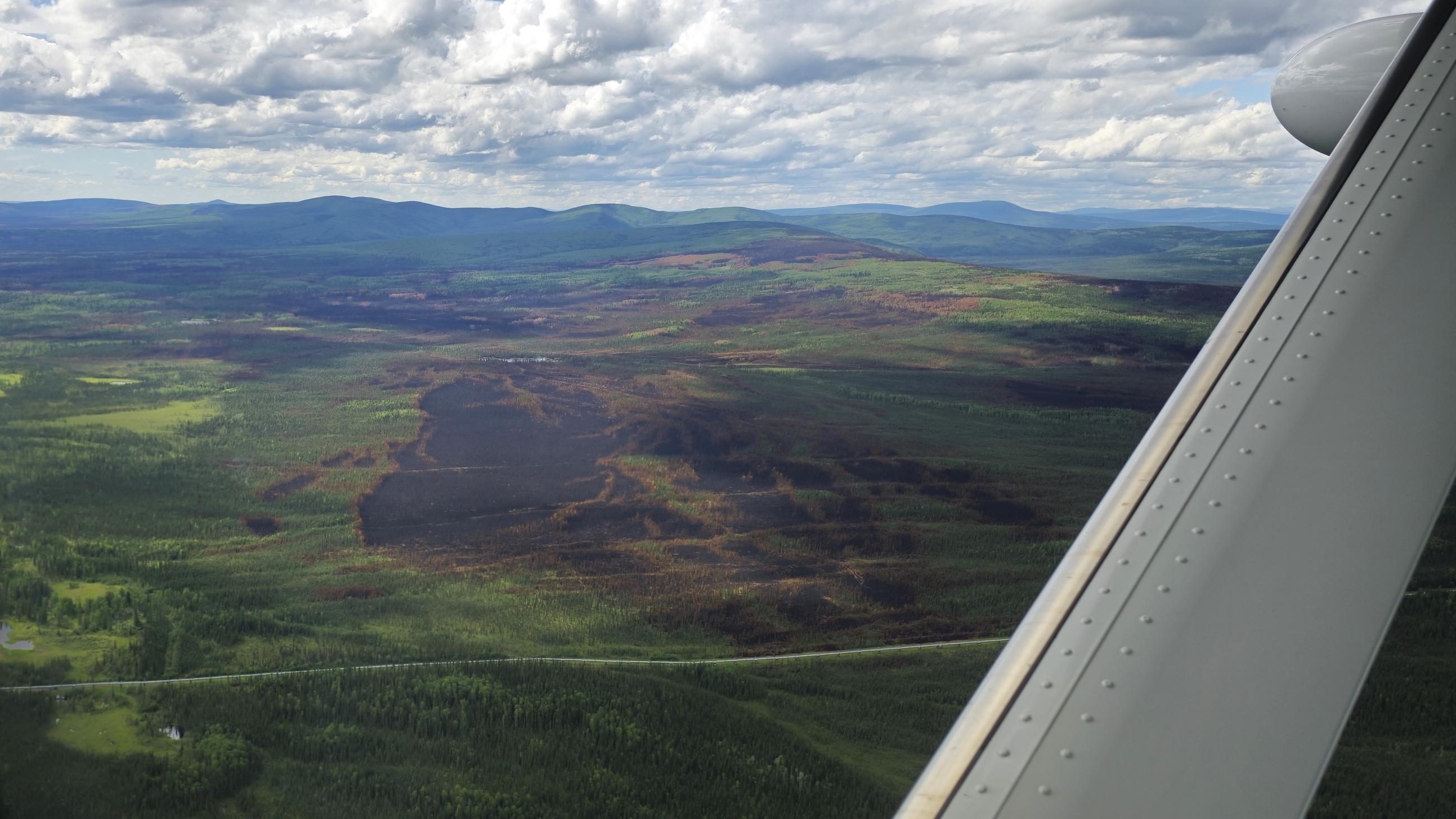 Aerial black burn in green near white pipeline