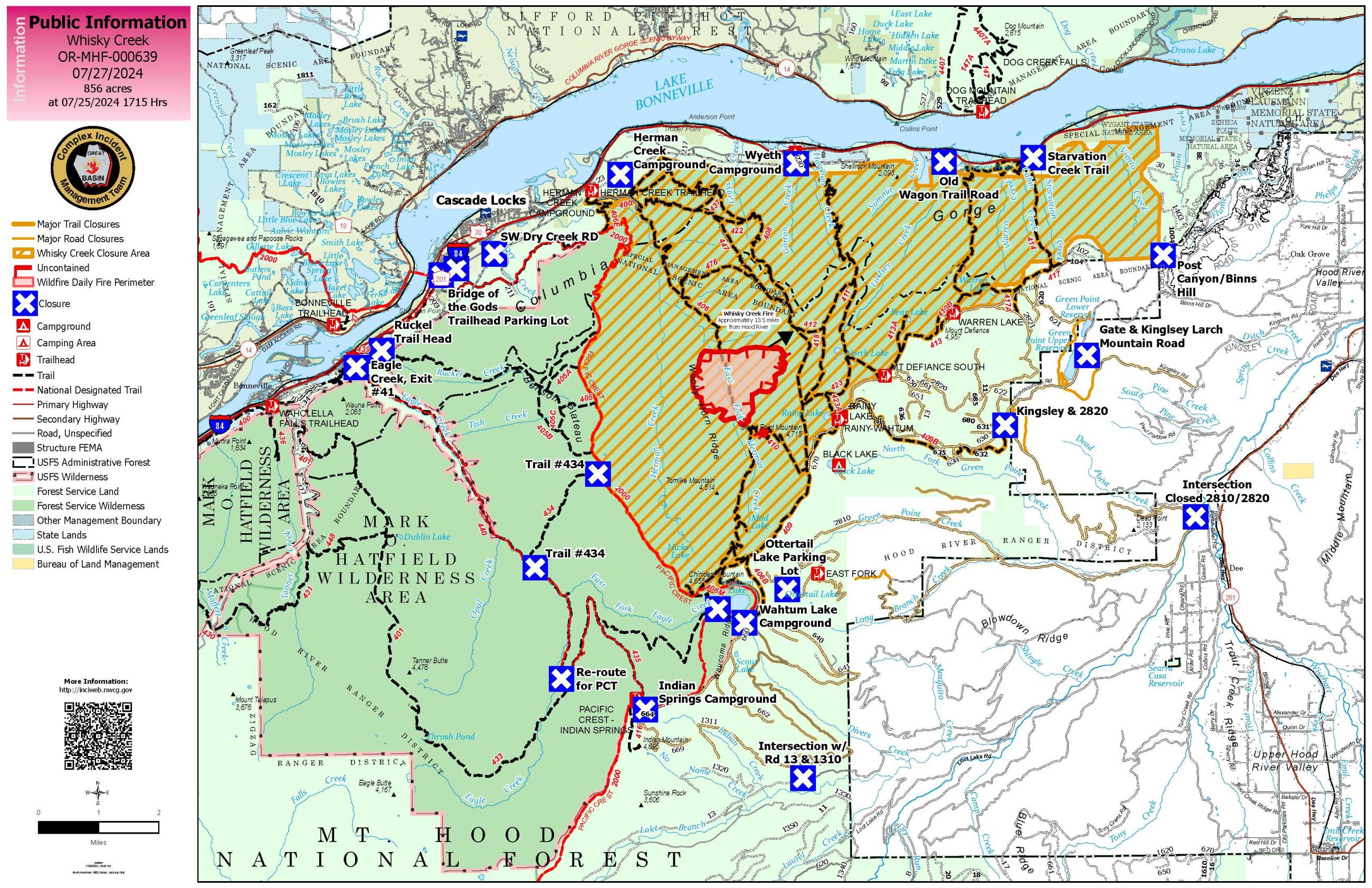 Map of the Whisky Creek Fire area for July 27, 2024.