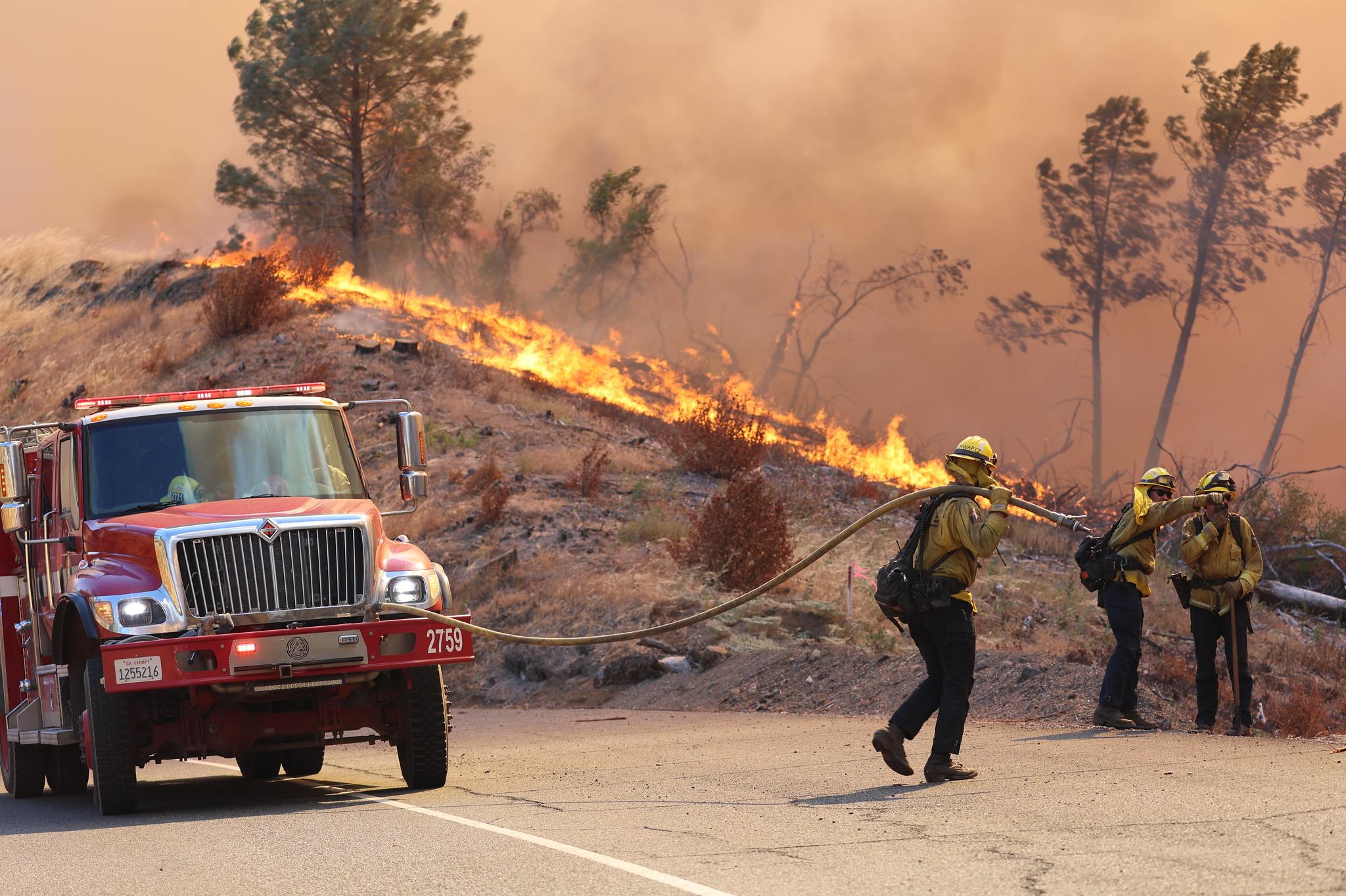 Two firefighters confer next to flames on roadside while a third firefighter walks toward them carrying a hose that is connected to a fire engine.