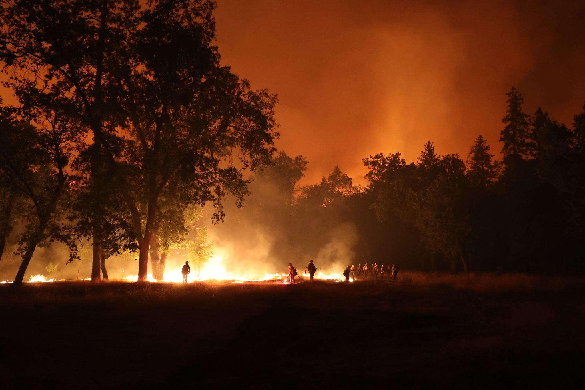 Fire covers the ground and turns the night sky a smoky red. A crew of firefighters walk among the flames.