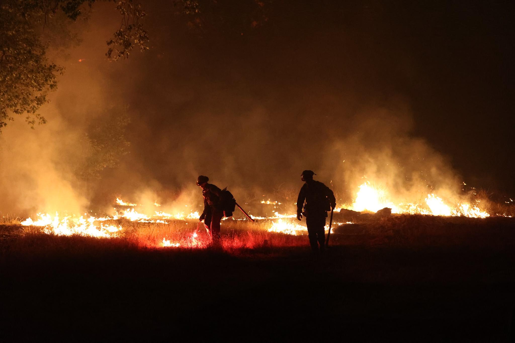 Two firefighters walk through flaming grass at night.