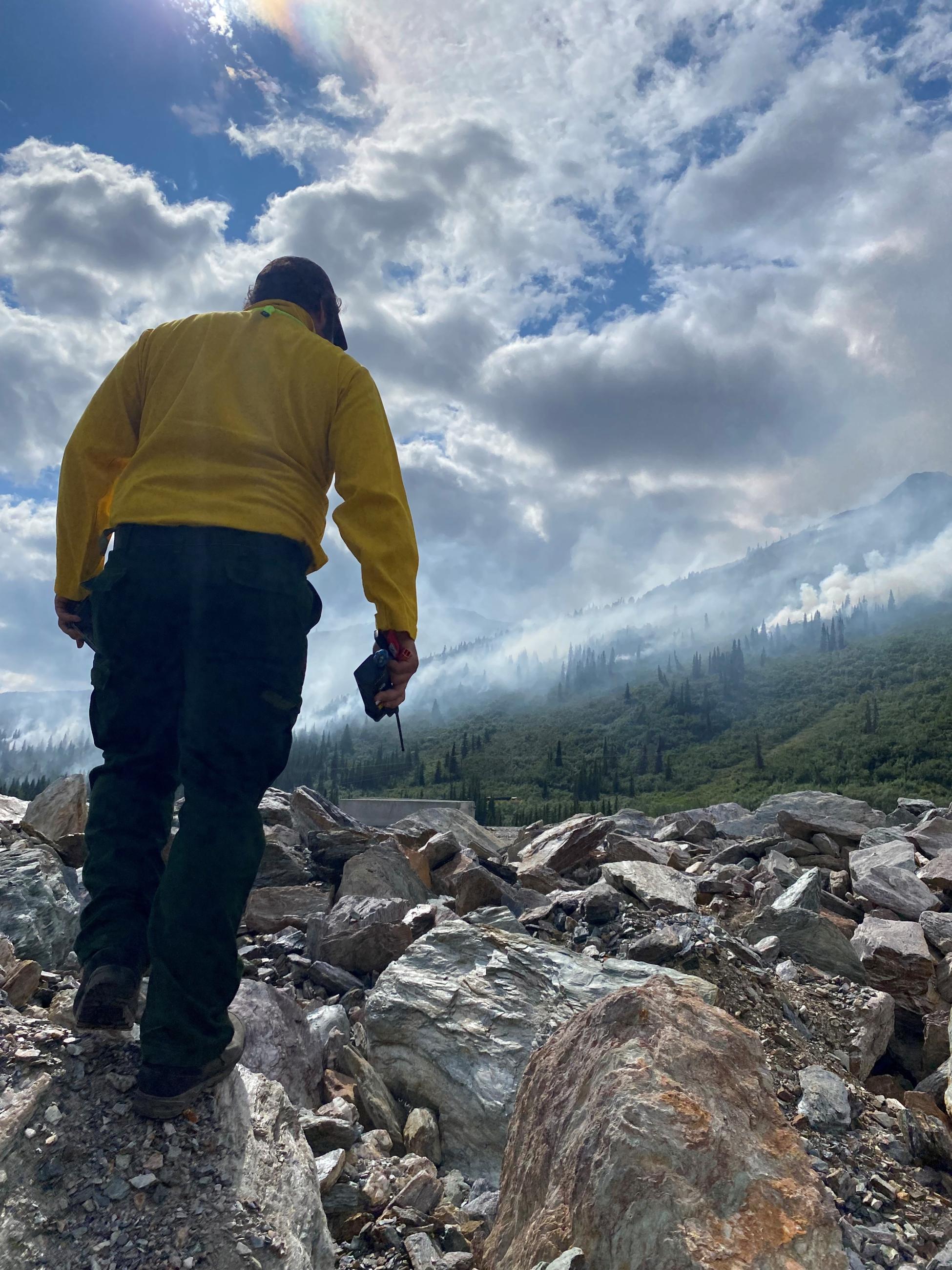 A firefighter stands on a ridge looking out toward the fire.