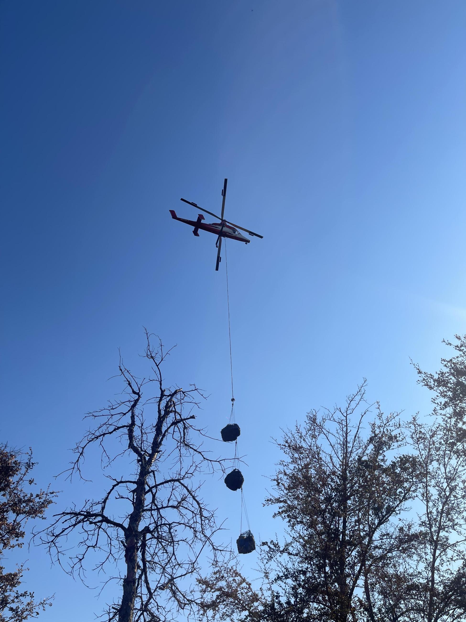 Three loads of supplies hang vertically from a helicopter that is flying above trees.