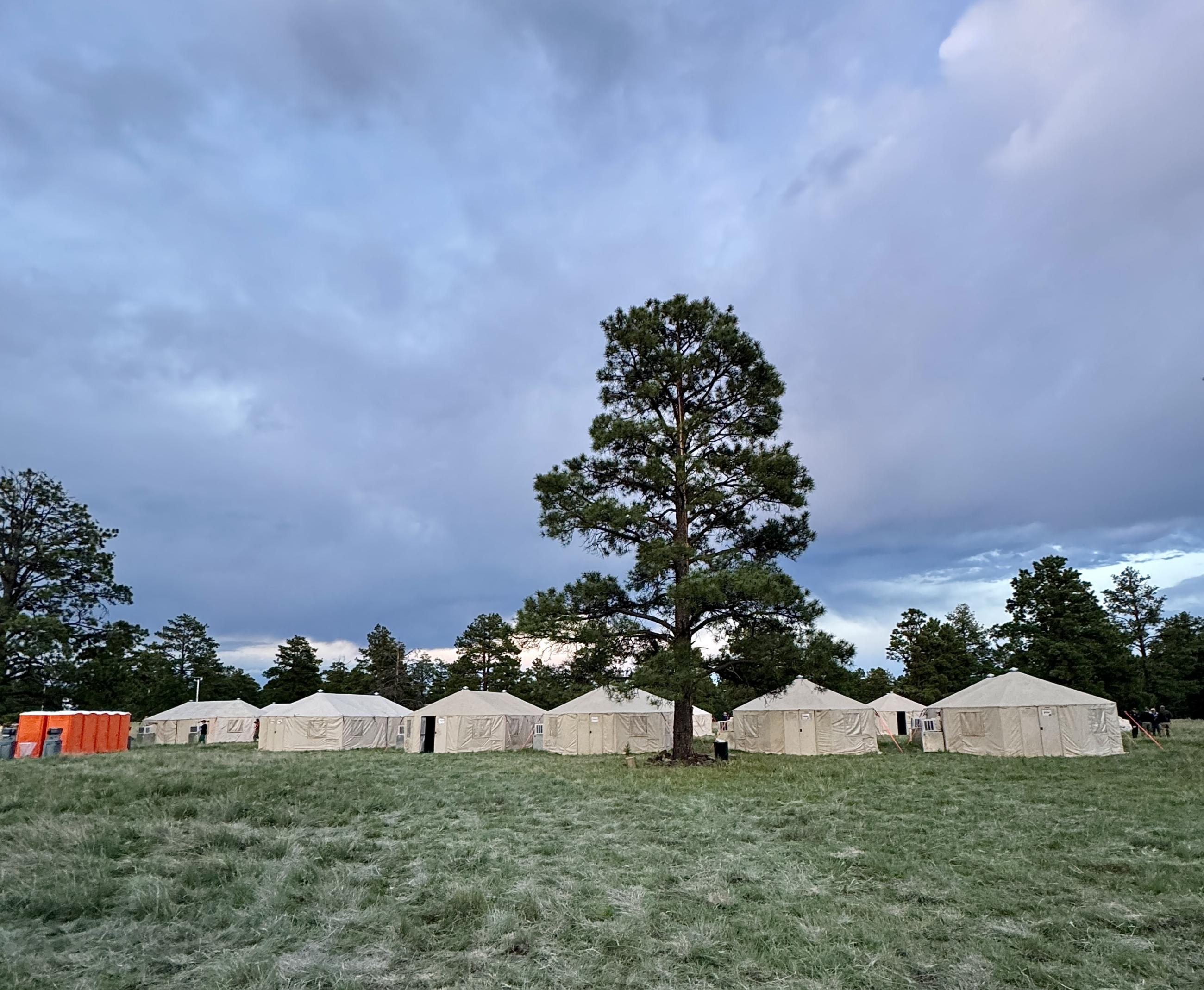 Picture of Ridge Fire Incident Command Post with tan colored yurts in a meadow surrounded by pine trees.