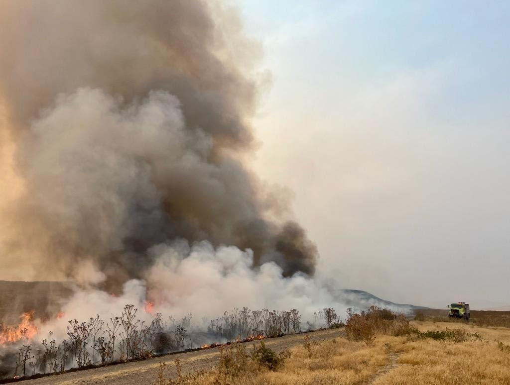 Smoke cloud rises from fire along road, BLM engine quite small in comparison to the smoke