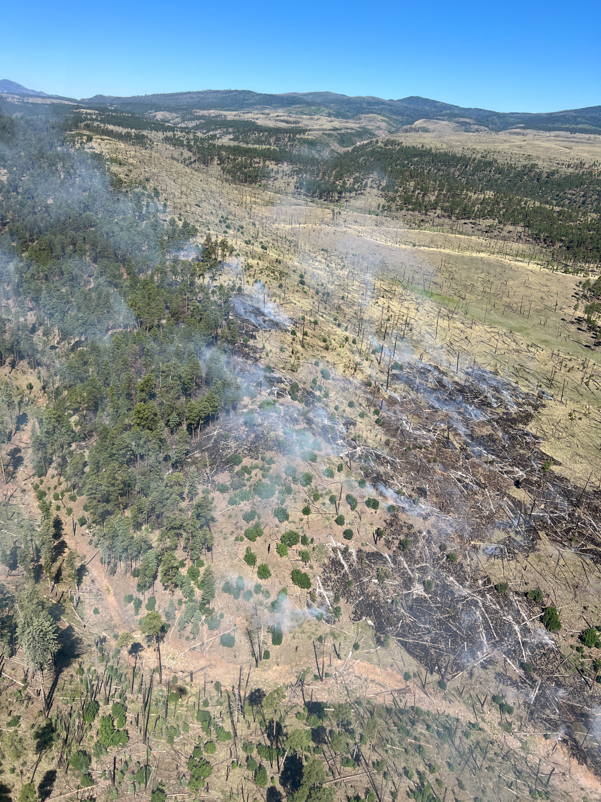aerial view over a fire in an old burn scar