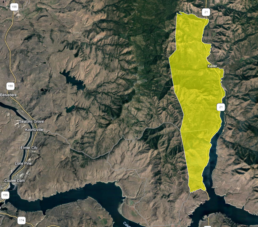 Level 2 (SET) Evacuation area for Keller, WA for the Swawilla Fire shown with a yellow box overlaying a satellite map image