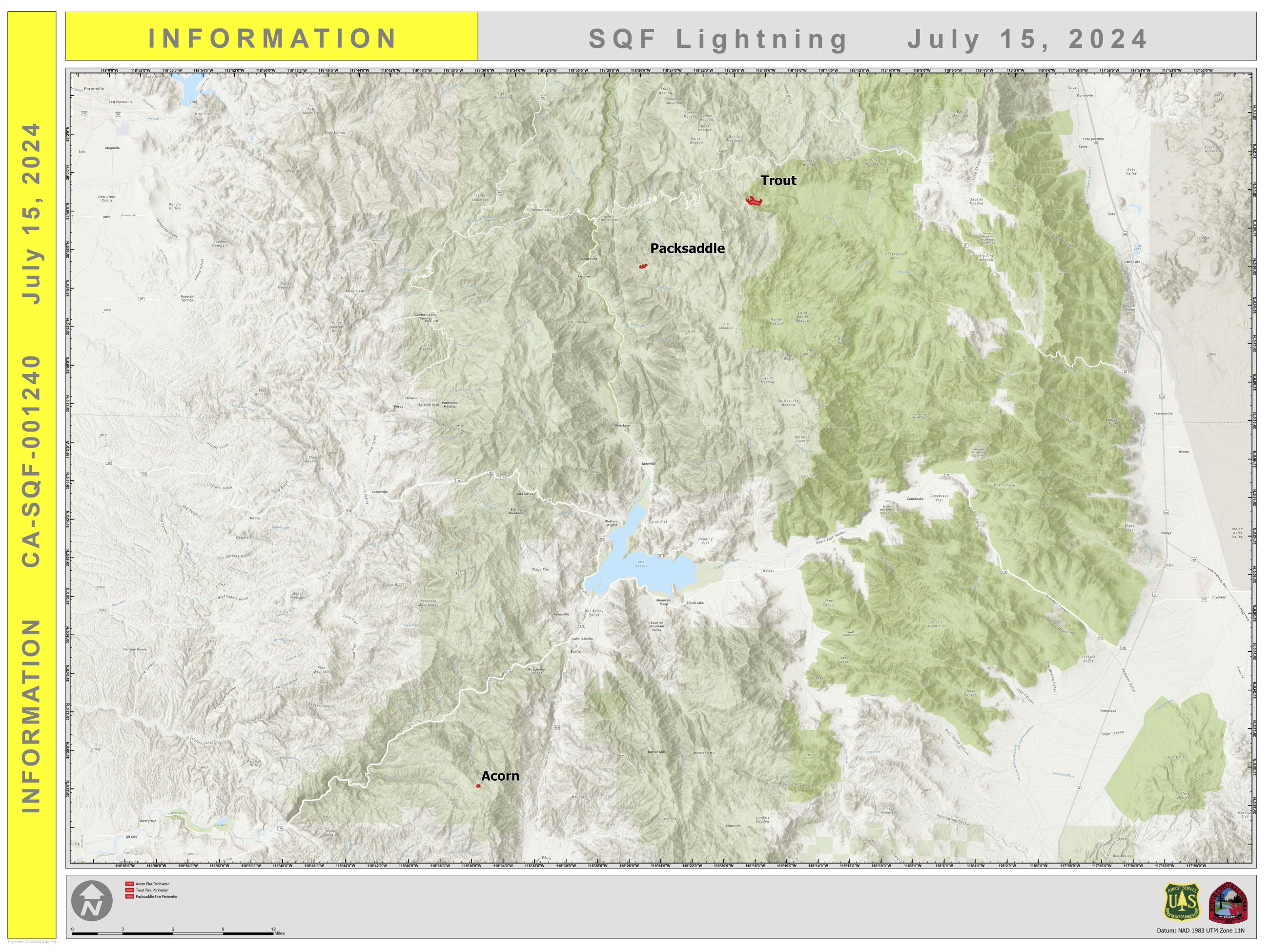 map showing perimeters of three fires north and south of Lake Isabella