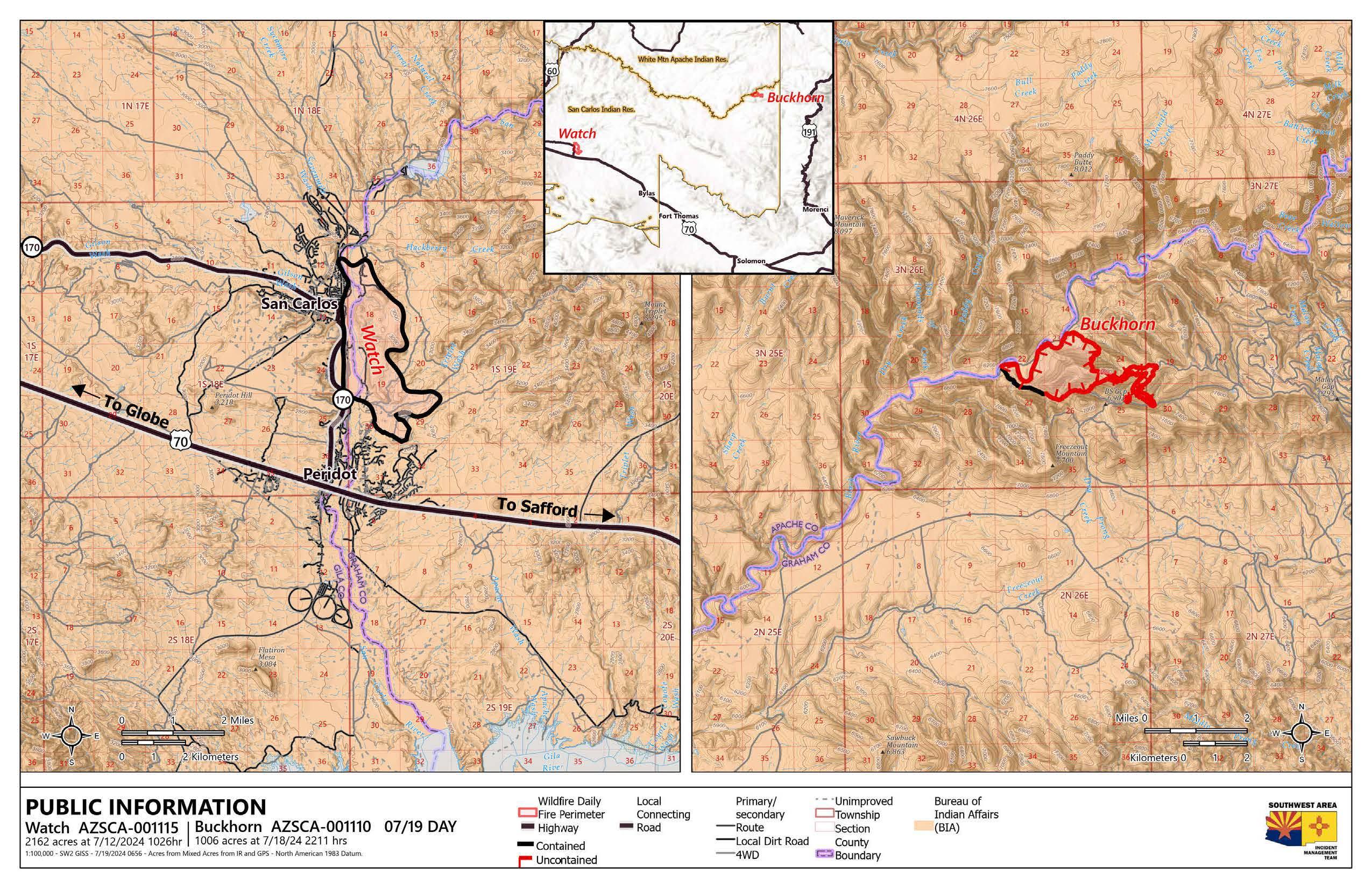 Fire perimeter and containment map for the Watch and Buckhorn fires. Watch Fire is 100% contained and at 2, 161 acres and the Buckhorn Fire is at 1, 006 acres and 10% containment. 