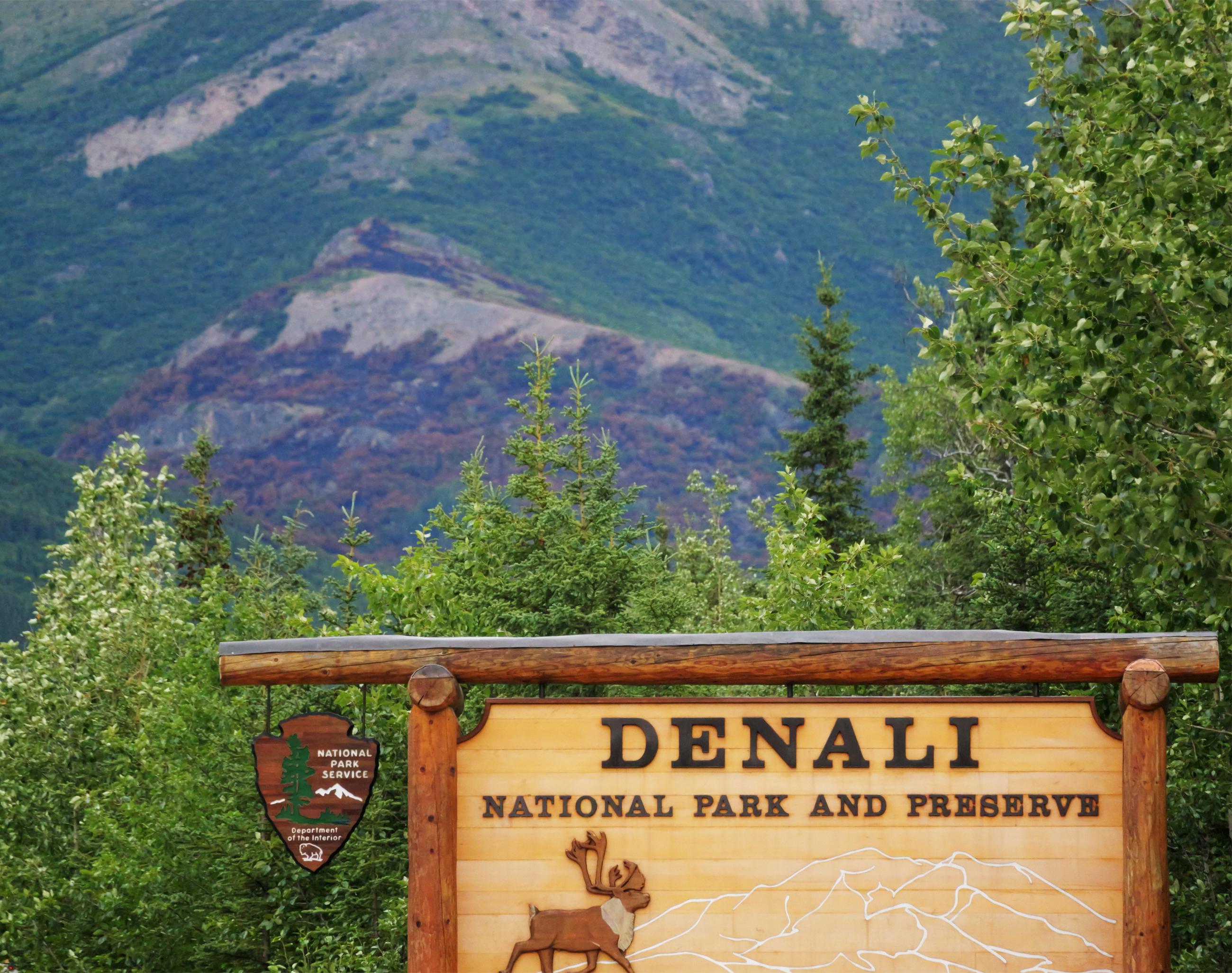 An entrance sign for Denali National Park and Preserve is seen with a small burned area in the distance behind