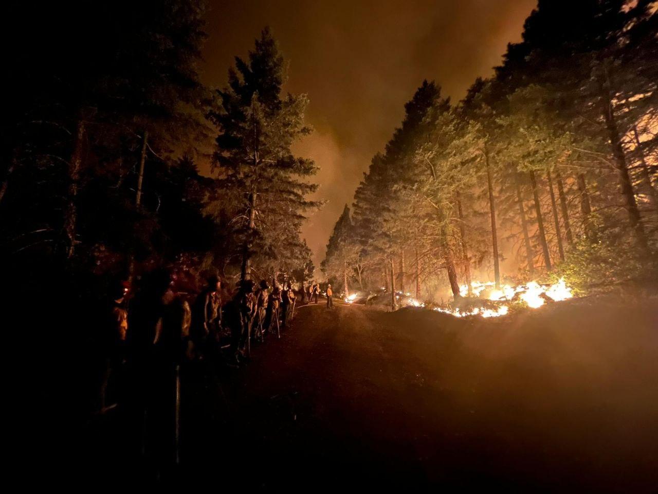 Fire along roadway at night