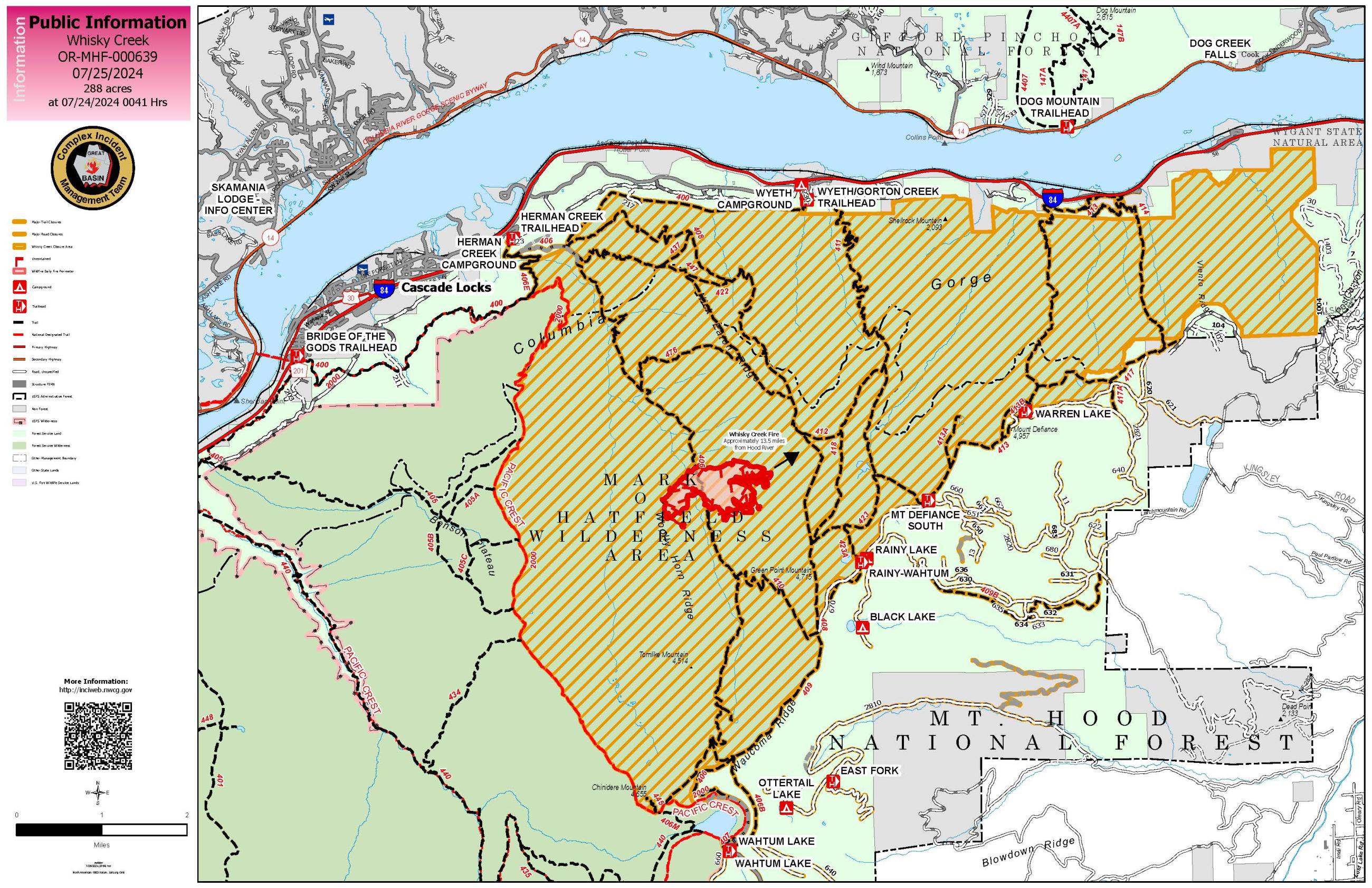 Map displaying the Whisky Creek Fire and closure area in relation to Cascade Locks, OR, and the Columbia River Gorge.