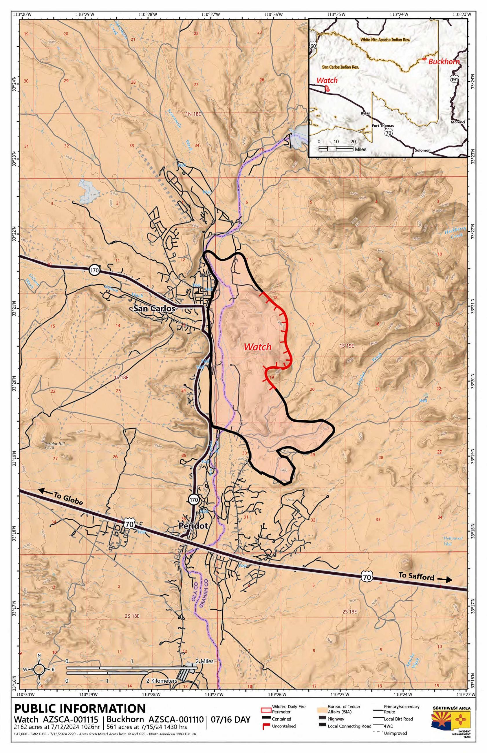 Map shows the location and perimeter for the Watch Fire and the location of the Buckhorn Fire. No growth was reported for either fire. 