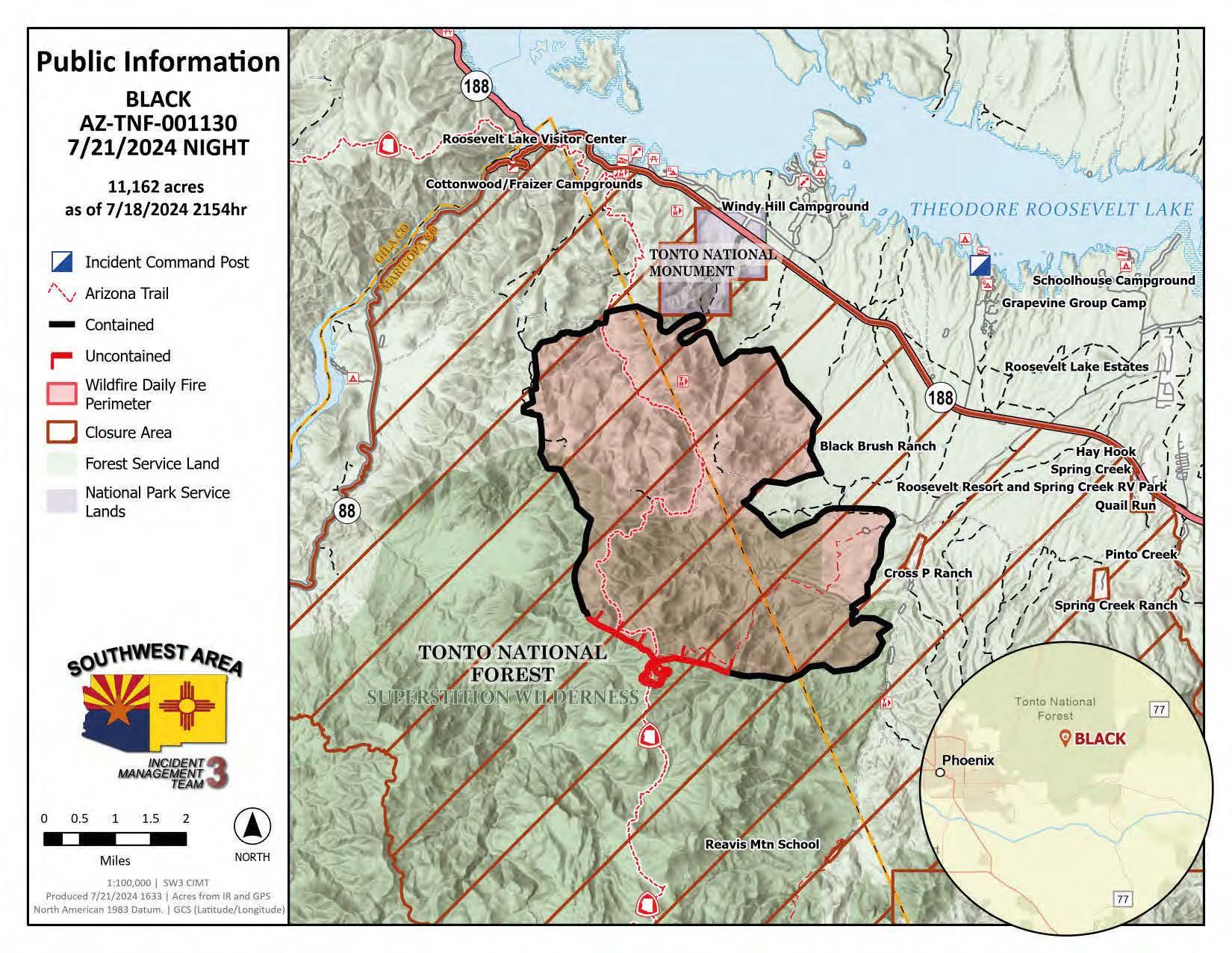 Fire perimeter map for the Black Fire for Monday July 22nd shows fire containment extending into the wilderness area with 11% remaining uncontained.