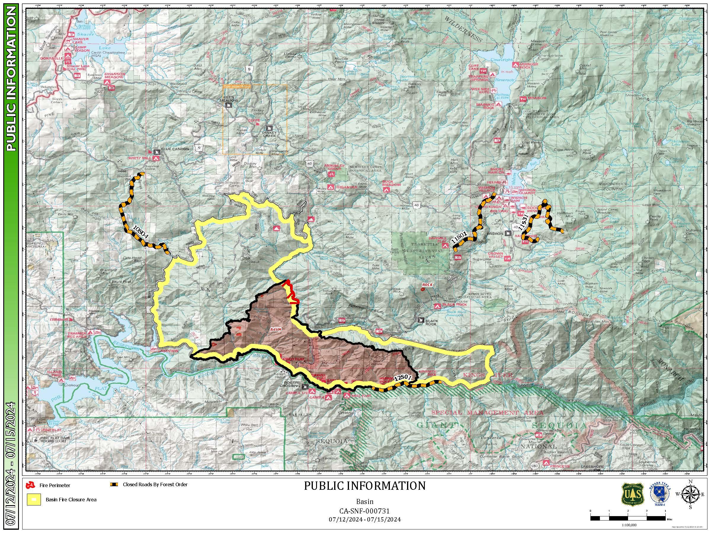 Map showing Basin Fire perimeter on july 12, 2024