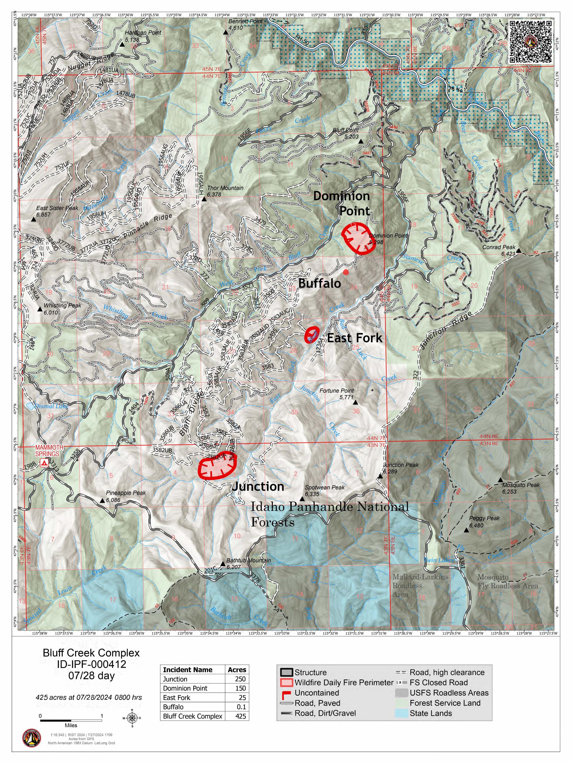 Map showing location of four different fires within the Bluff Creek Complex incident. 